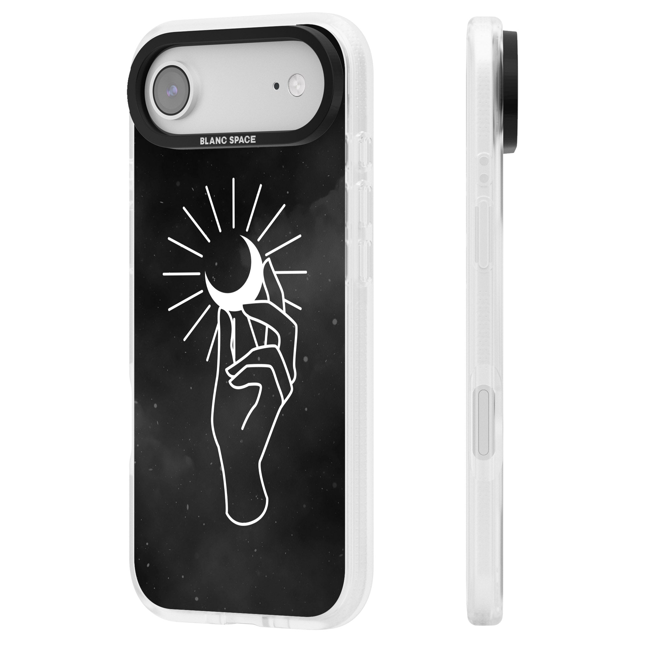 Hand Holding Celestial Moon iPhone 17 Air Impact Air Clear Phone Case Side Profile