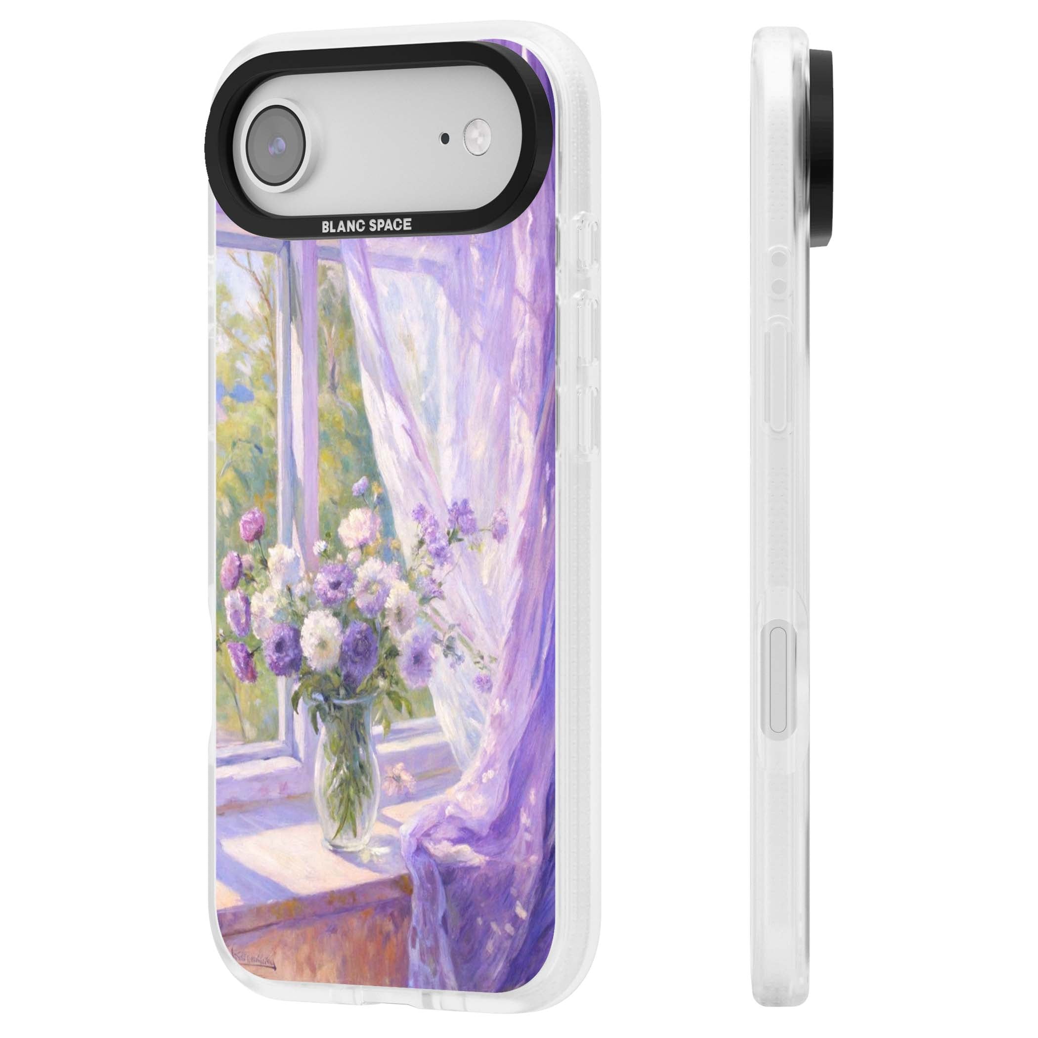 A Provence Morning impressionist art iPhone case featuring a vase of purple flowers, sunlit window and sheer curt | Clear Case Impact Air case for iPhone Air