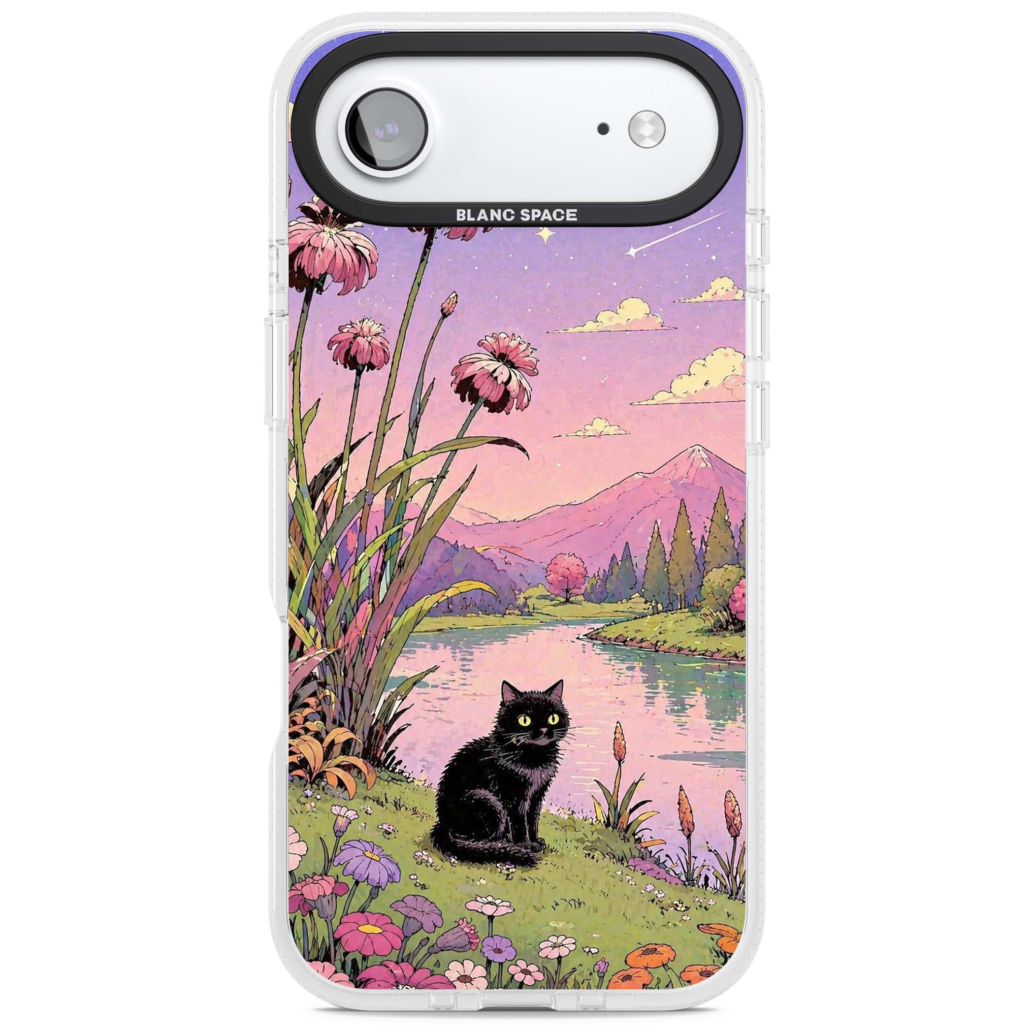 Mystic Whiskers ghibli iPhone case featuring a black cat by a pastel lake, wildflowers and a starry sunset sky | Clear Case Impact Air case for iPhone Air