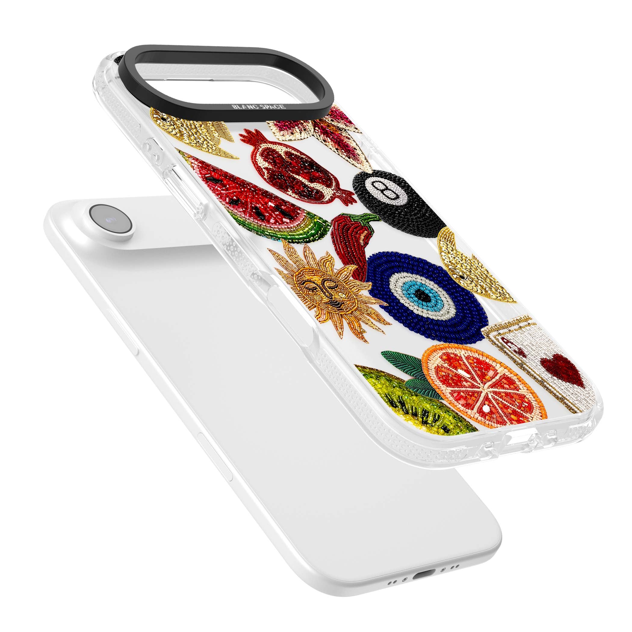 Beaded Charms embroidery iPhone case featuring beaded evil eye, fruit patches and a golden sun motif | Clear Case Impact Air case for iPhone Air