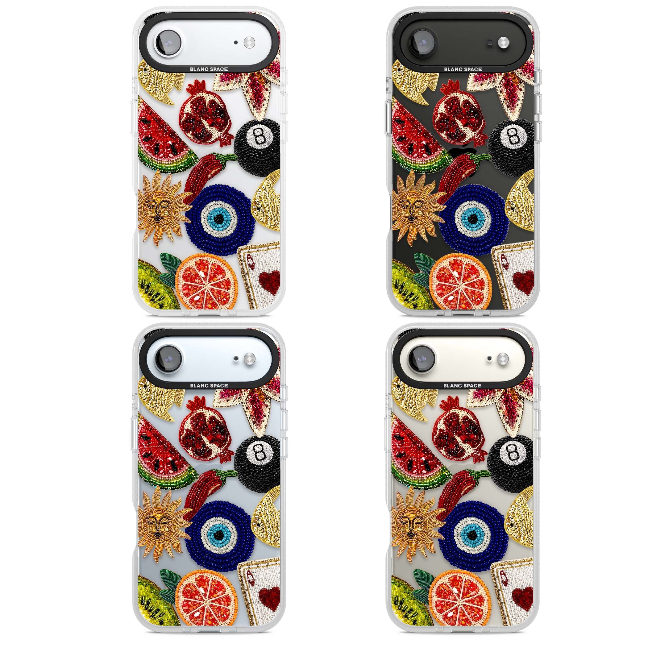 Beaded Charms embroidery iPhone case featuring beaded evil eye, fruit patches and a golden sun motif | Clear Case Impact Air case for iPhone Air