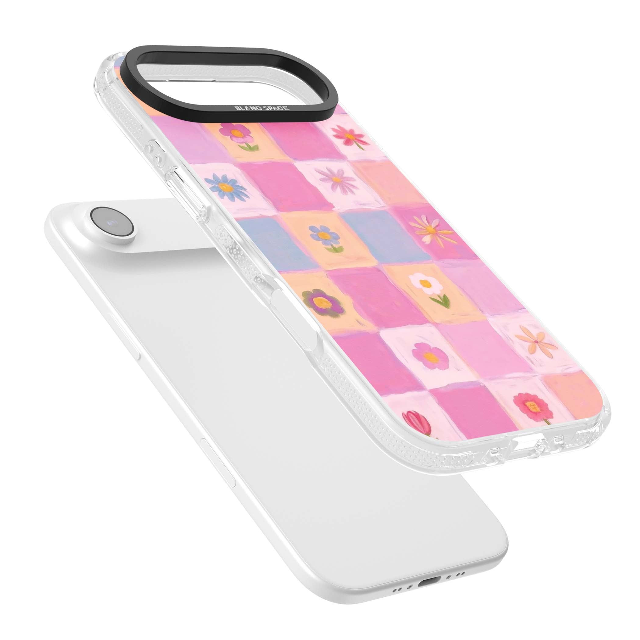 Pastel Flower Patchwork cottagecore iPhone case featuring painted pink and lilac squares with daisies and wildflowers | Clear Case Impact Air case for iPhone Air