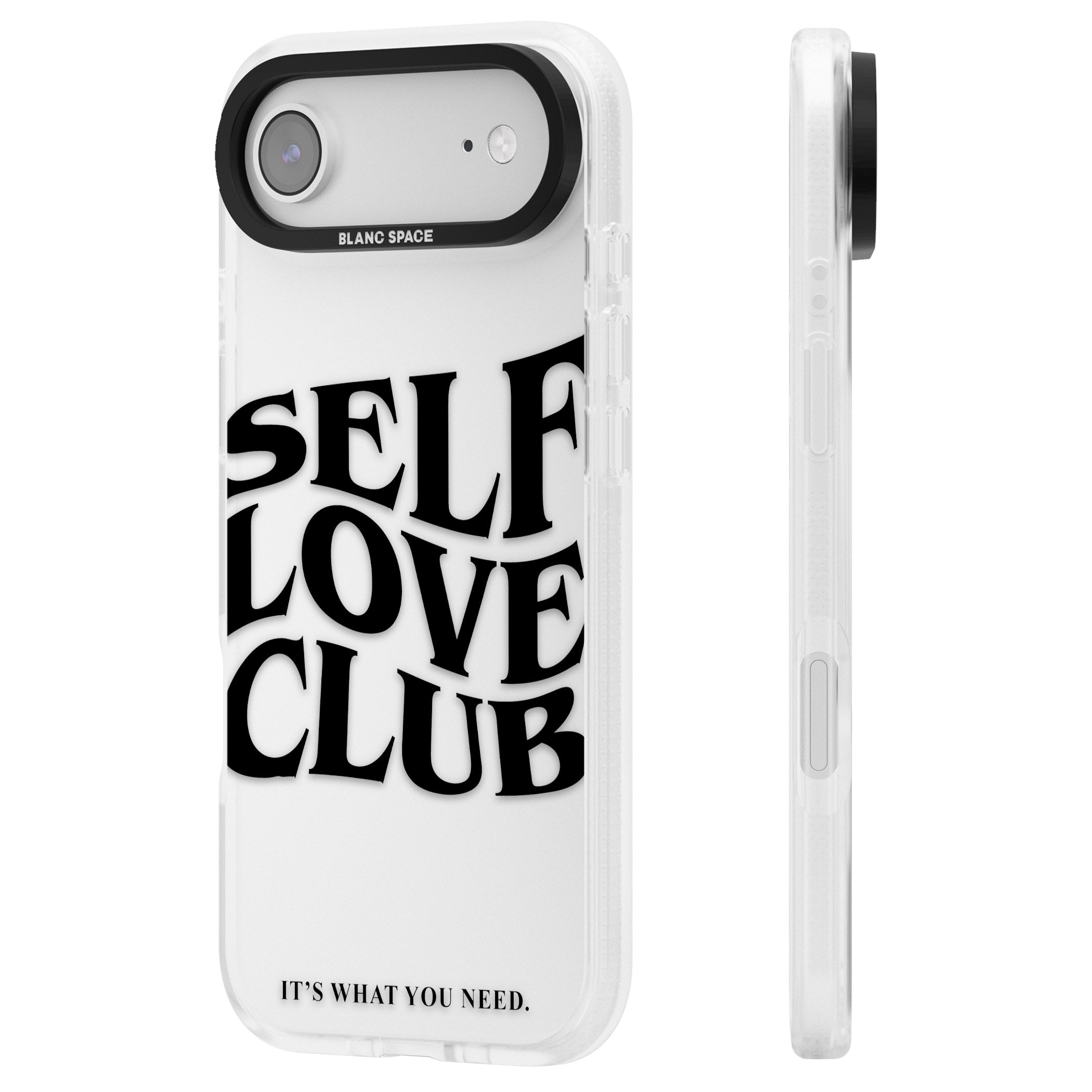 Self Love Club Black iPhone 17 Air Impact Air Clear Phone Case Side Profile