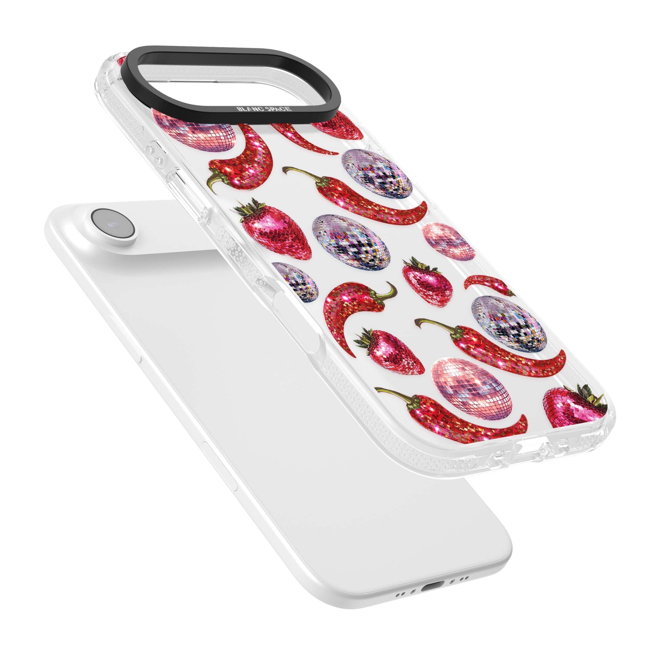 Spicy Disco Y2K iPhone case featuring glitter disco balls, sparkly strawberries and red chilli peppers | Clear Case Impact Air case for iPhone Air