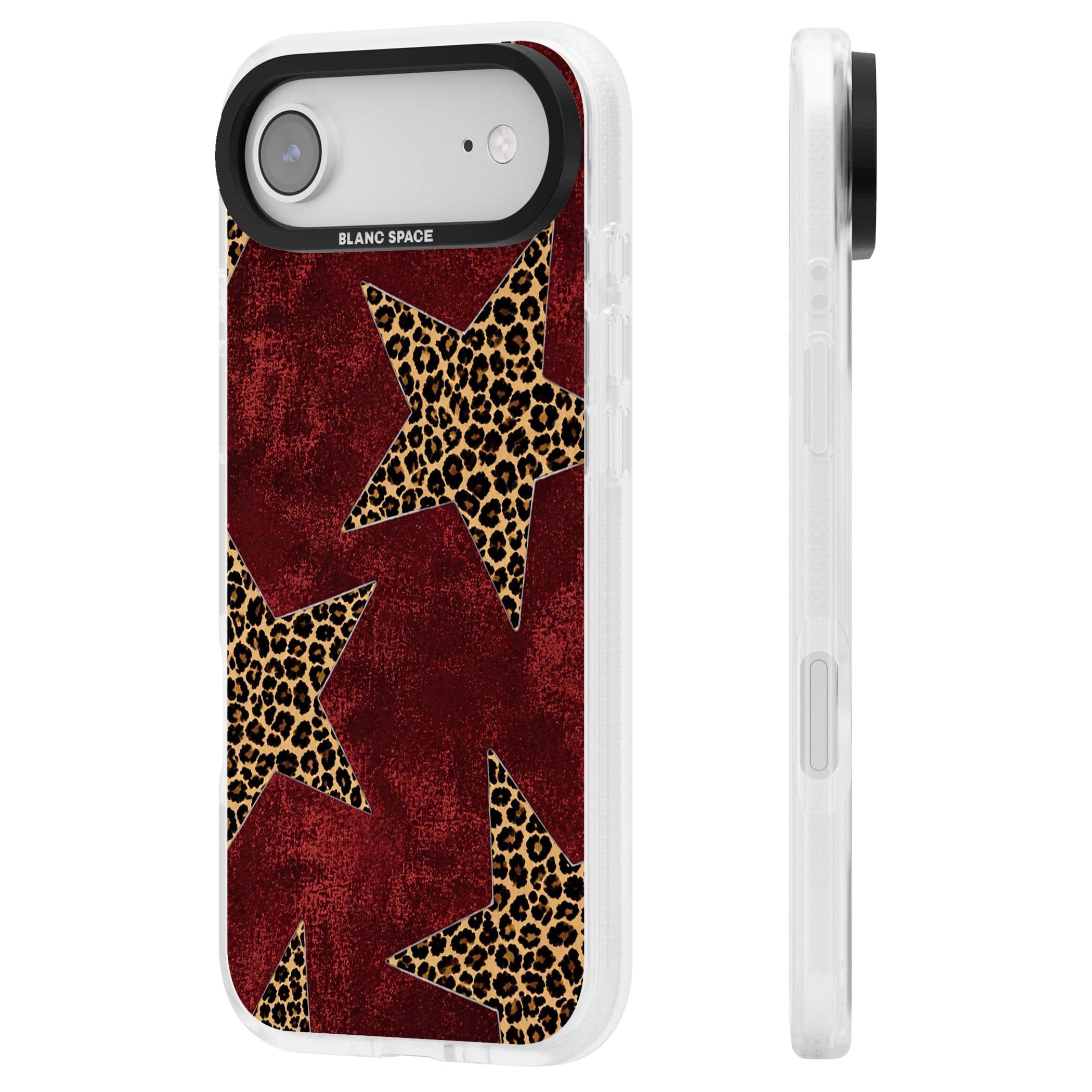 Showgirl leopard print iPhone case featuring cheetah print stars on distressed red grunge background | Clear Case Impact Air case for iPhone Air