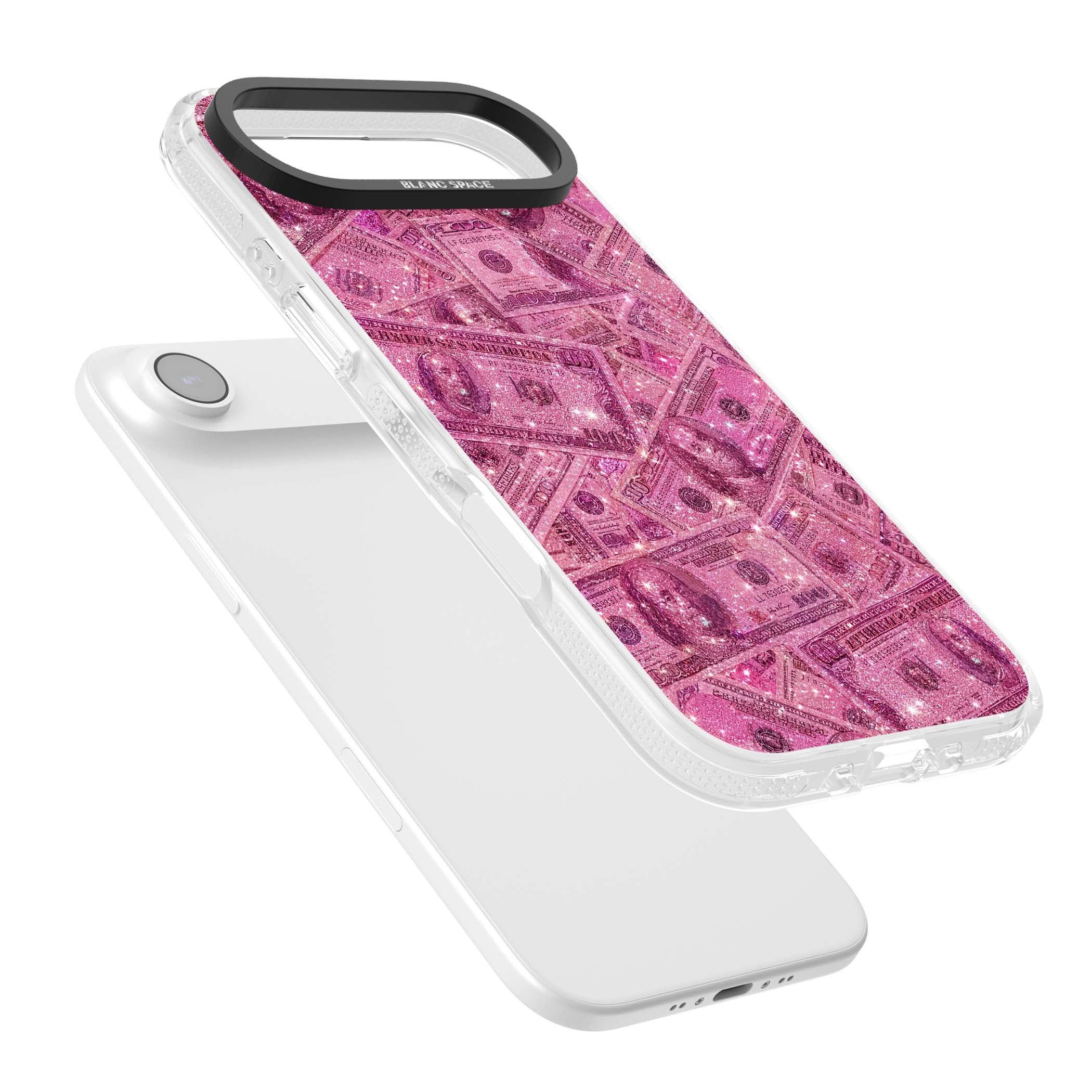 Glamorous baddie iPhone case featuring pink glitter hundred dollar bills and sparkling money wallpaper design | Clear Case Impact Air case for iPhone Air