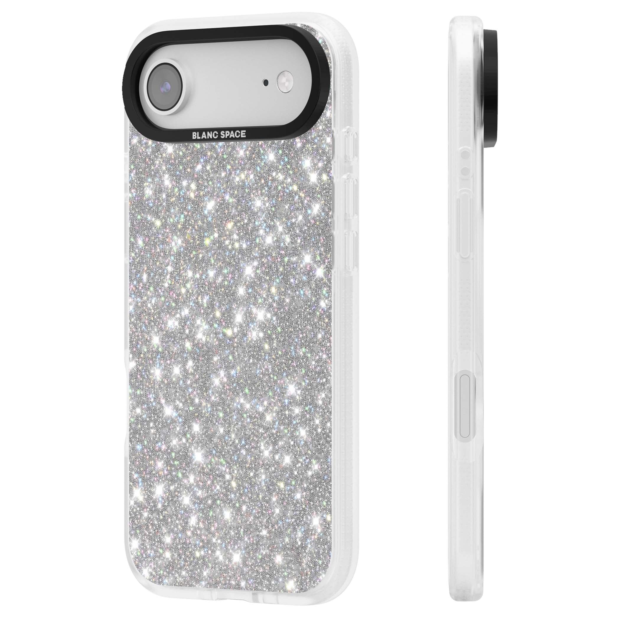Diamond glam iPhone case featuring silver glitter sparkle and shimmering diamond dust effect | Clear Case Impact Air case for iPhone Air
