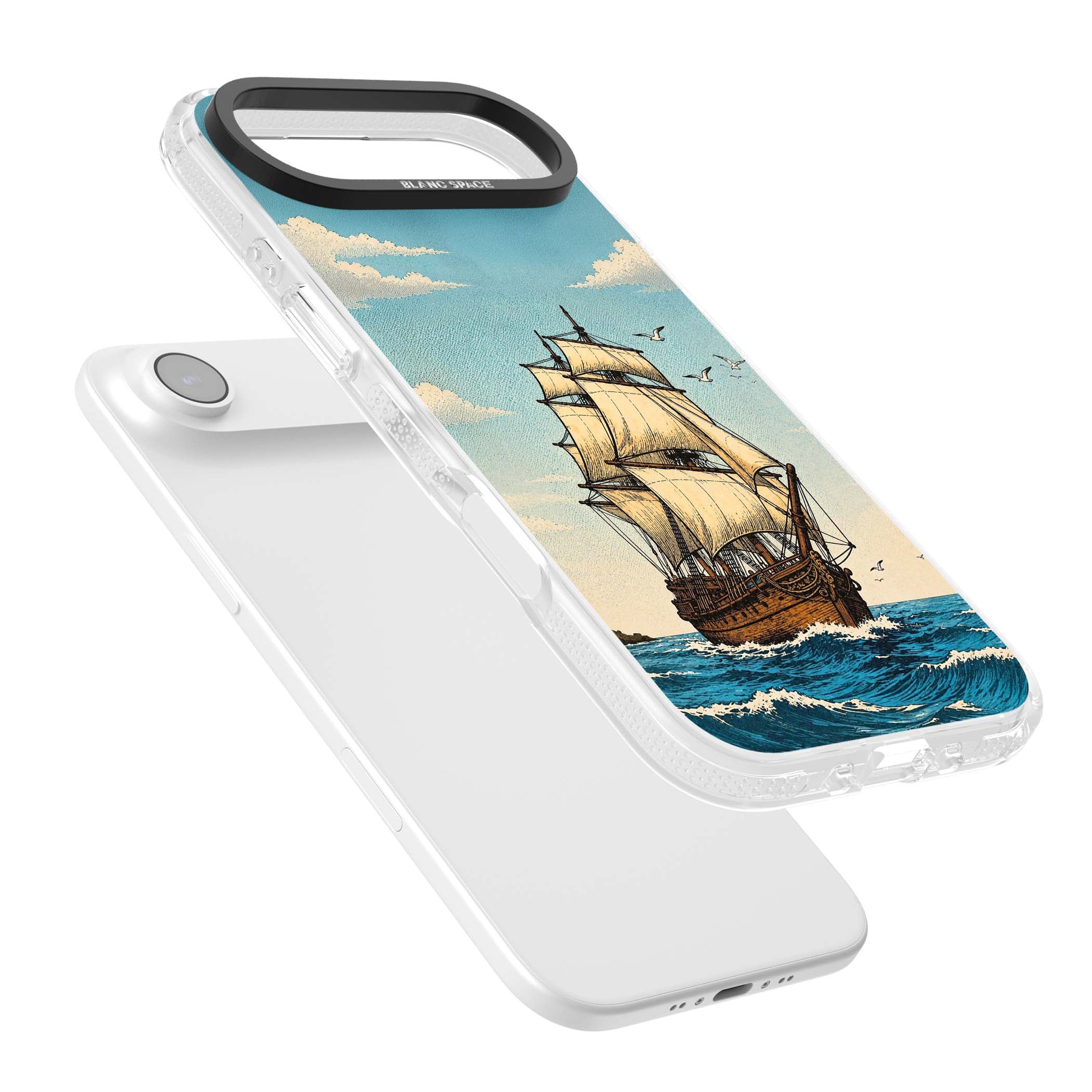 Ship at Sea nautical iPhone case featuring a vintage tall ship, ocean waves and seagulls | Clear Case Impact Air case for iPhone Air