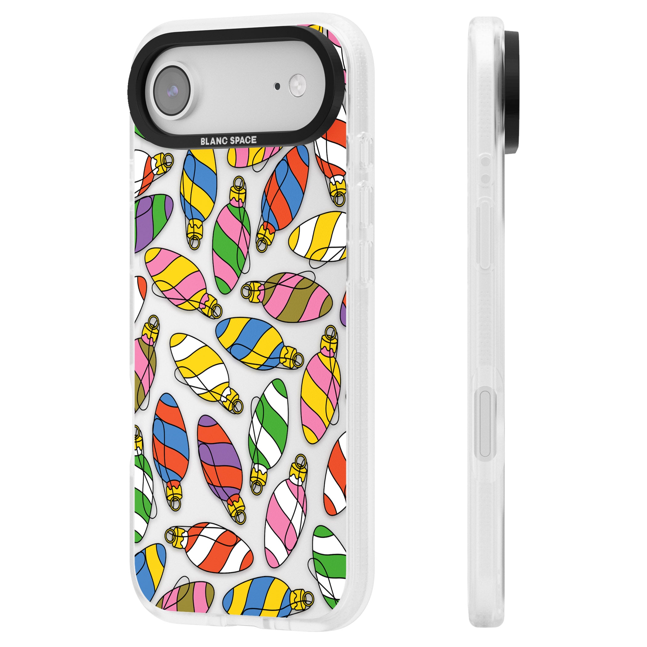 Colourful Holiday Ornaments iPhone 17 Air Impact Air Clear Phone Case Side Profile