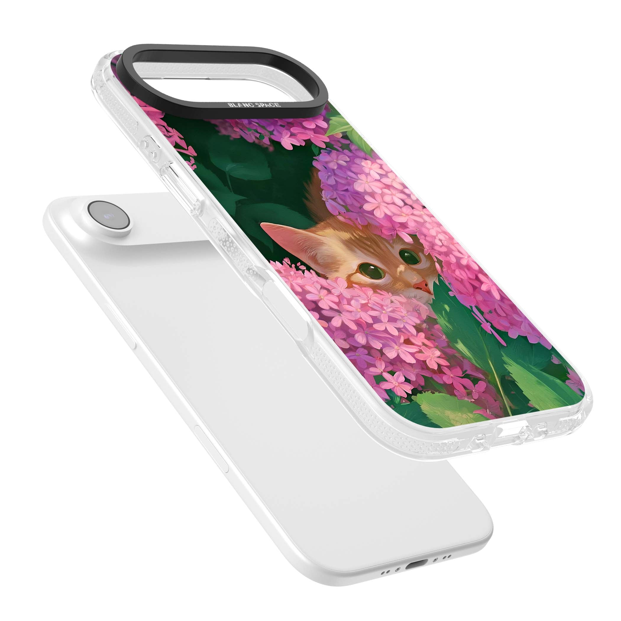 Cat In Pink Flowers cottagecore iPhone case featuring a ginger kitten peeking through lilac and pink hydrangea flo | Clear Case Impact Air case for iPhone Air
