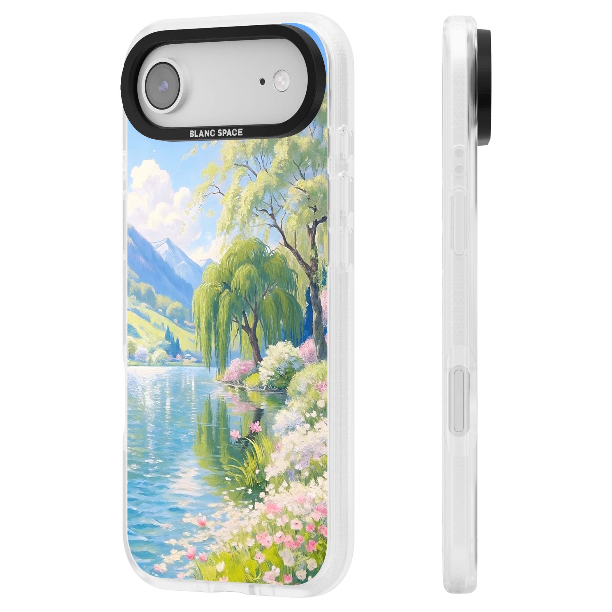 Willow Lake cottagecore iPhone case featuring a painted lakeside with weeping willow, blossoms and distant mountains | Clear Case Impact Air case for iPhone Air