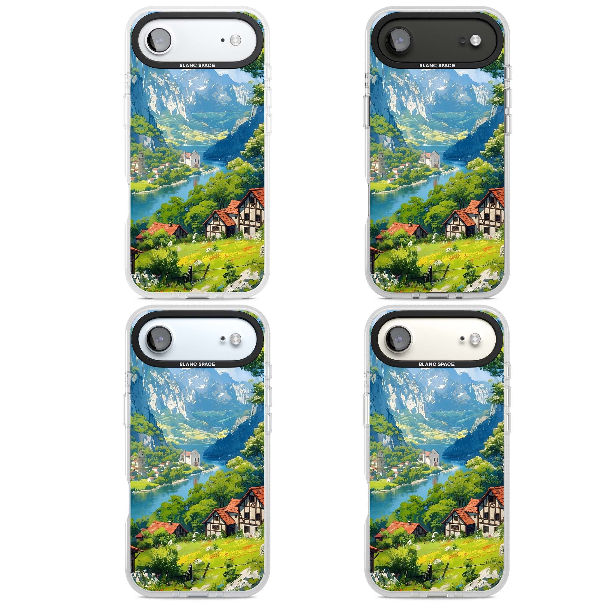 Village In The Valley anime iPhone case featuring a painted mountain village, river valley and half-timbered cottages. | Clear Case Impact Air case for iPhone Air