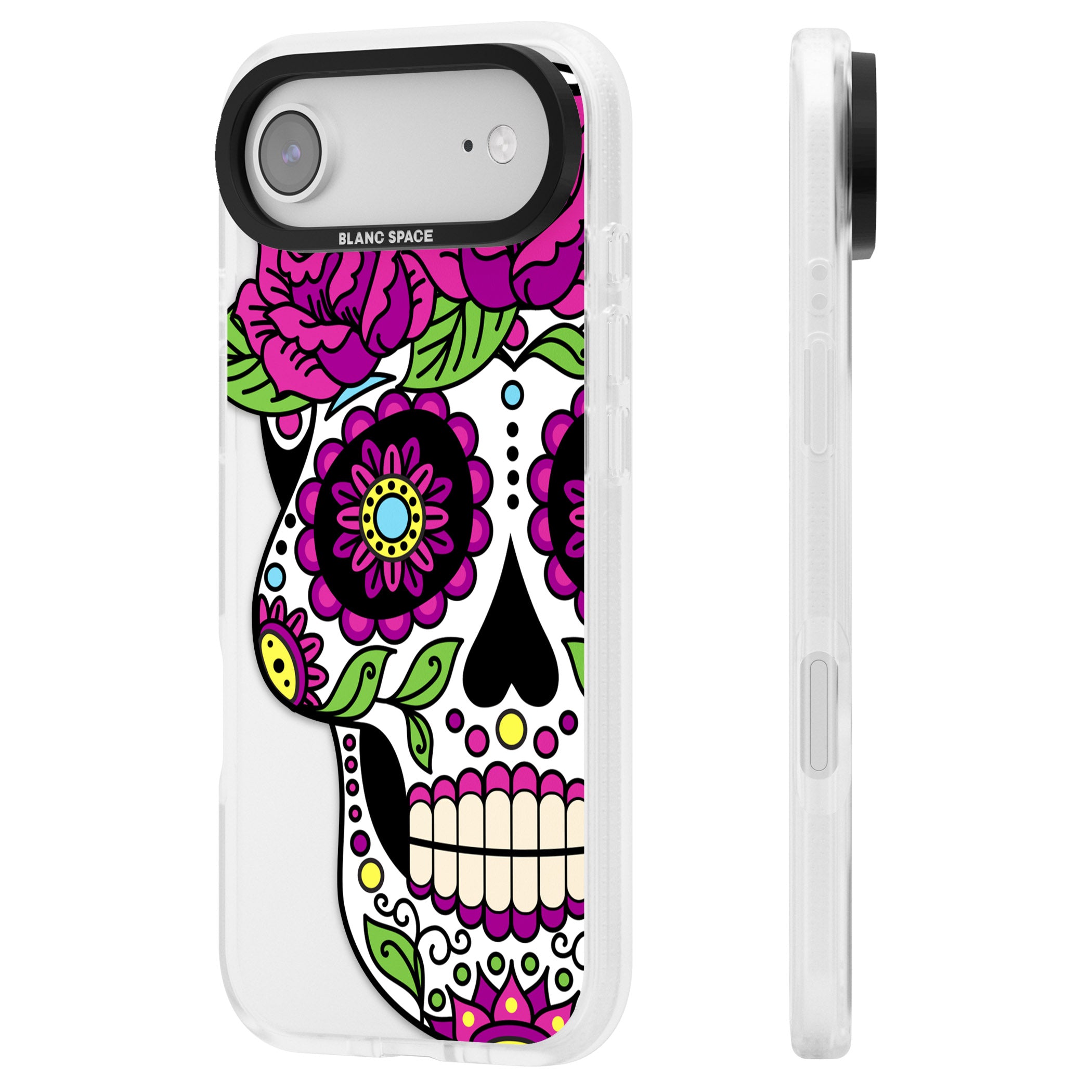 Purple Floral Sugar Skull iPhone 17 Air Impact Air Clear Phone Case Side Profile