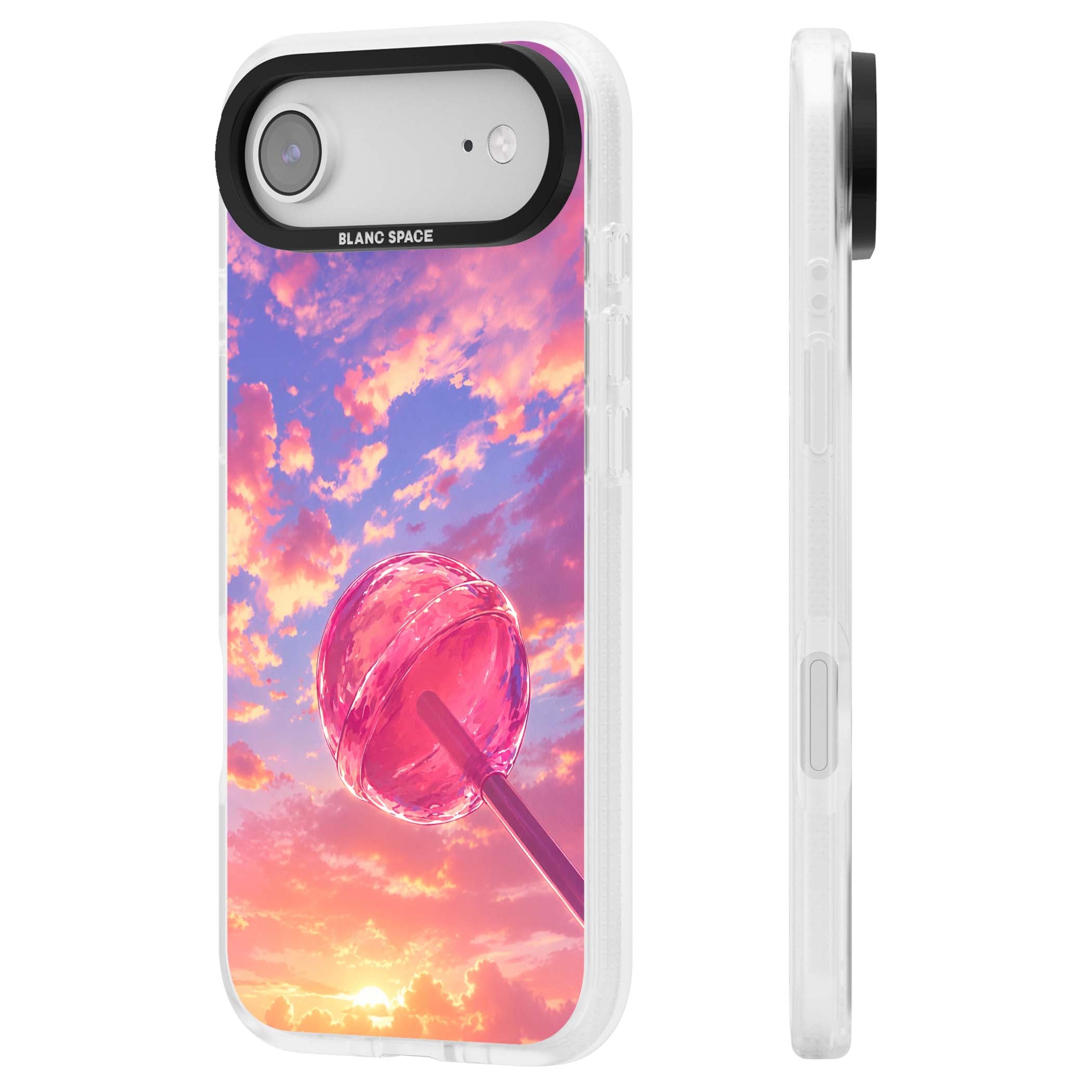 Sugar Sunset candy aesthetic iPhone case featuring a pink lollipop, pastel sunset sky and dreamy clouds | Clear Case Impact Air case for iPhone Air
