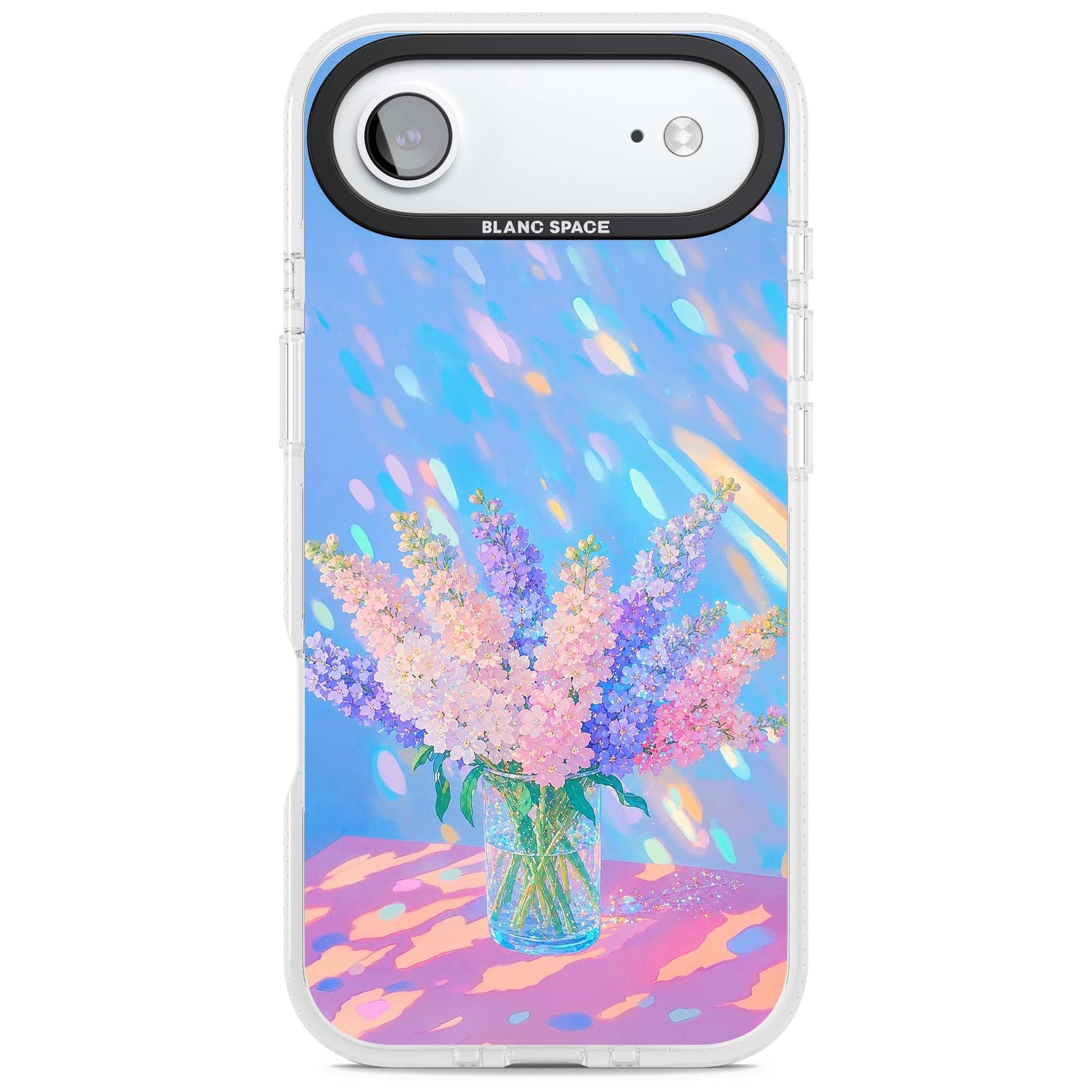 Bubblegum Flowers floral iPhone case featuring pastel lilac and pink bouquet in a glass vase with iridescent light | Clear Case Impact Air case for iPhone Air