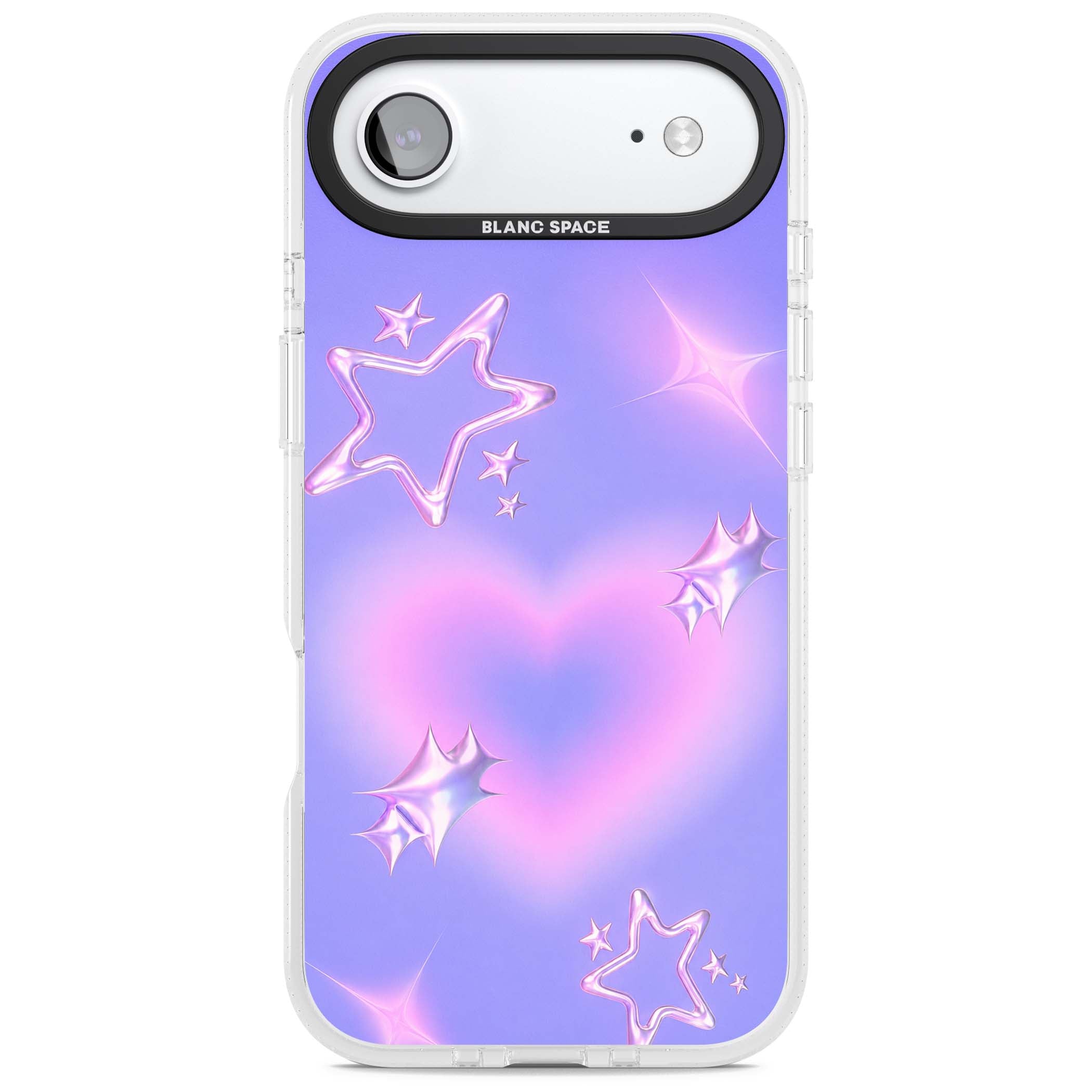 Soft Sugar Y2K iPhone case featuring iridescent chrome hearts, metallic pink stars and a lavender gradient sky | Clear Case Impact Air case for iPhone Air