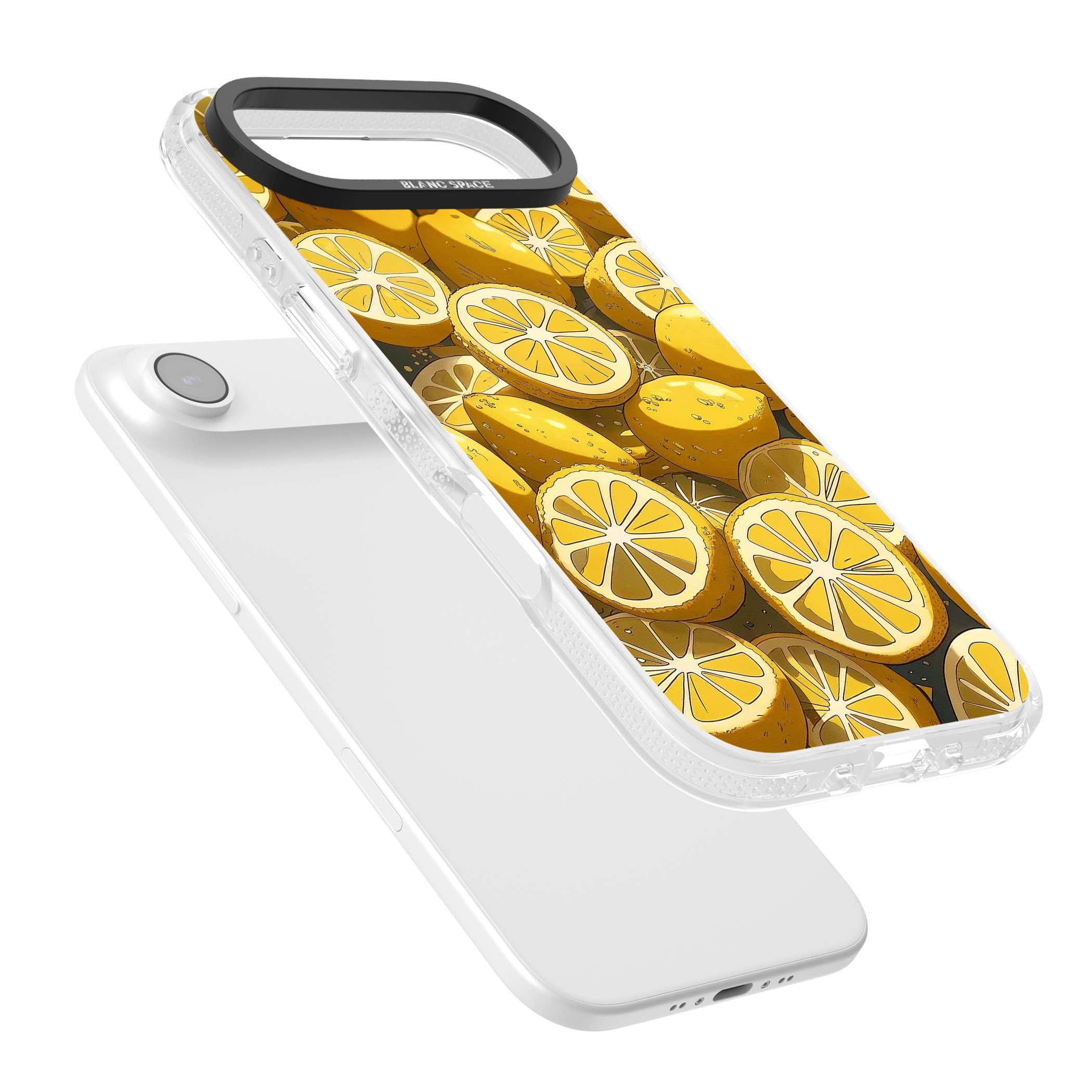 Zesty coastal iPhone case featuring illustrated Mediterranean lemons and citrus slices in golden yellow | Clear Case Impact Air case for iPhone Air