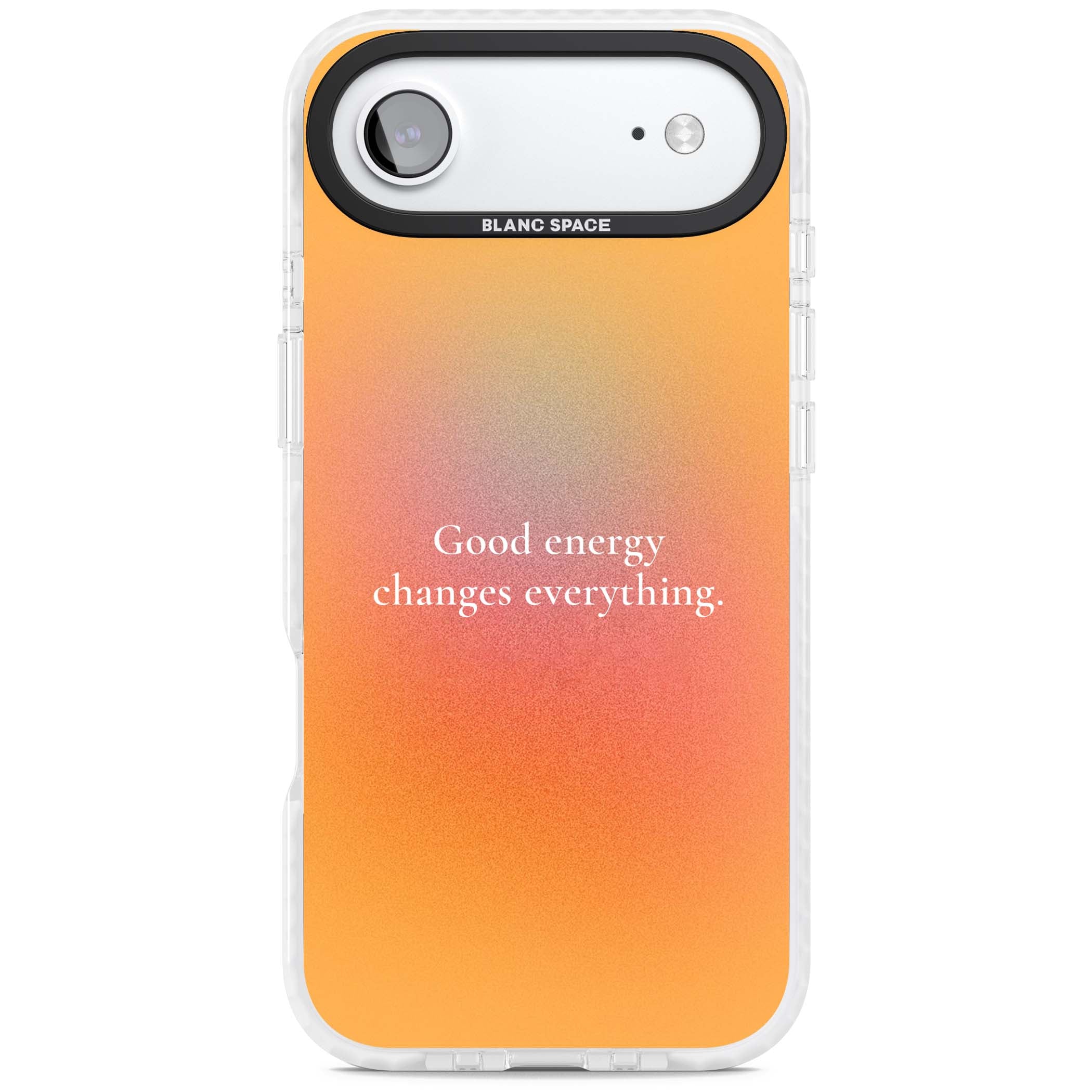 Good Energy quote iPhone case featuring an orange and pink aura gradient with white serif affirmation text | Black Impact case for iPhone Air