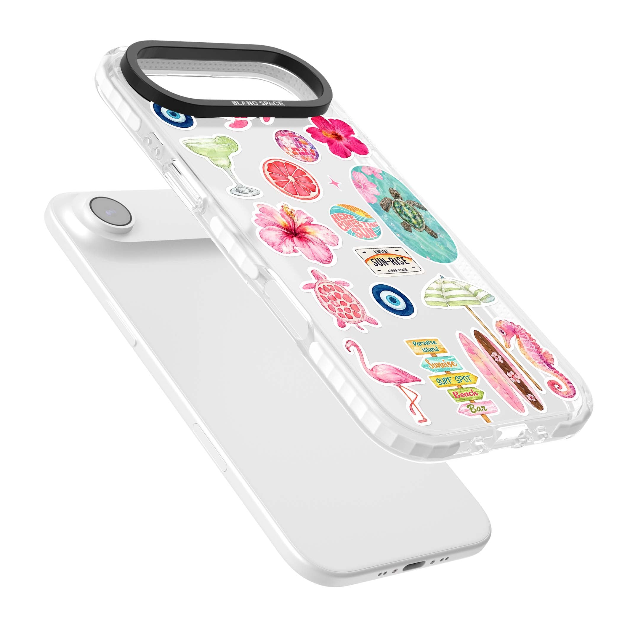 Aloha Sticker Mix tropical summer iPhone case featuring pink hibiscus, sea turtles, flamingo and beach umbrella stickers | Black Impact case for iPhone Air