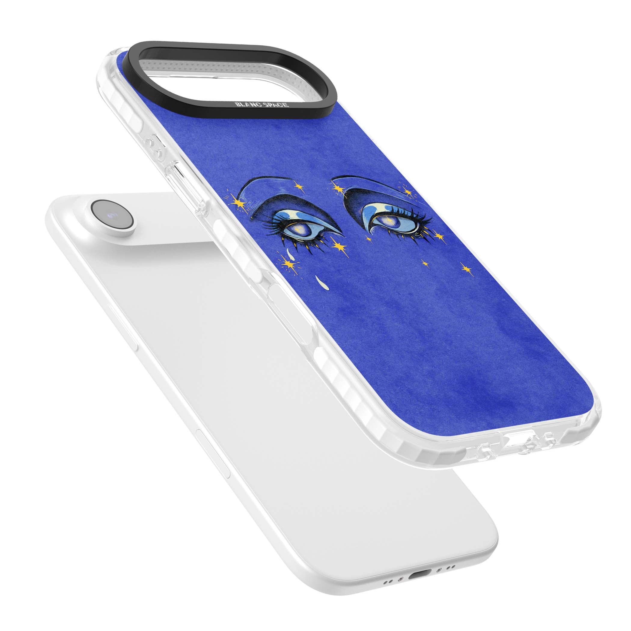Blue Mystic Eyes celestial iPhone case featuring hand drawn blue mystical eyes, golden stars and a painted tear on indigo | Black Impact case for iPhone Air