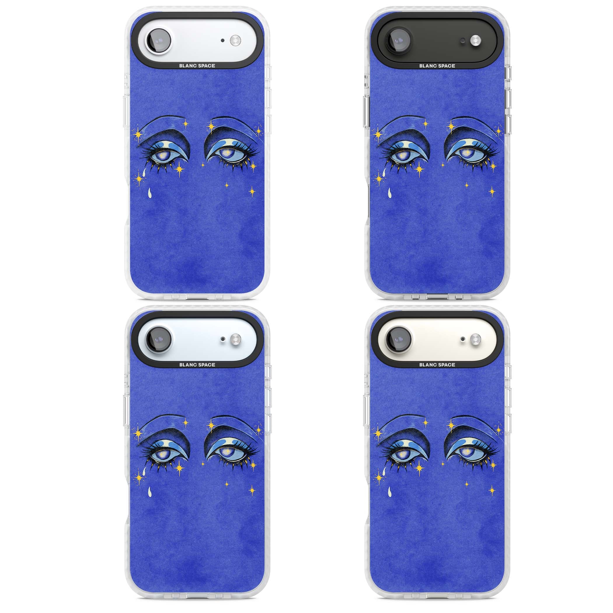 Blue Mystic Eyes celestial iPhone case featuring hand drawn blue mystical eyes, golden stars and a painted tear on indigo | Black Impact case for iPhone Air