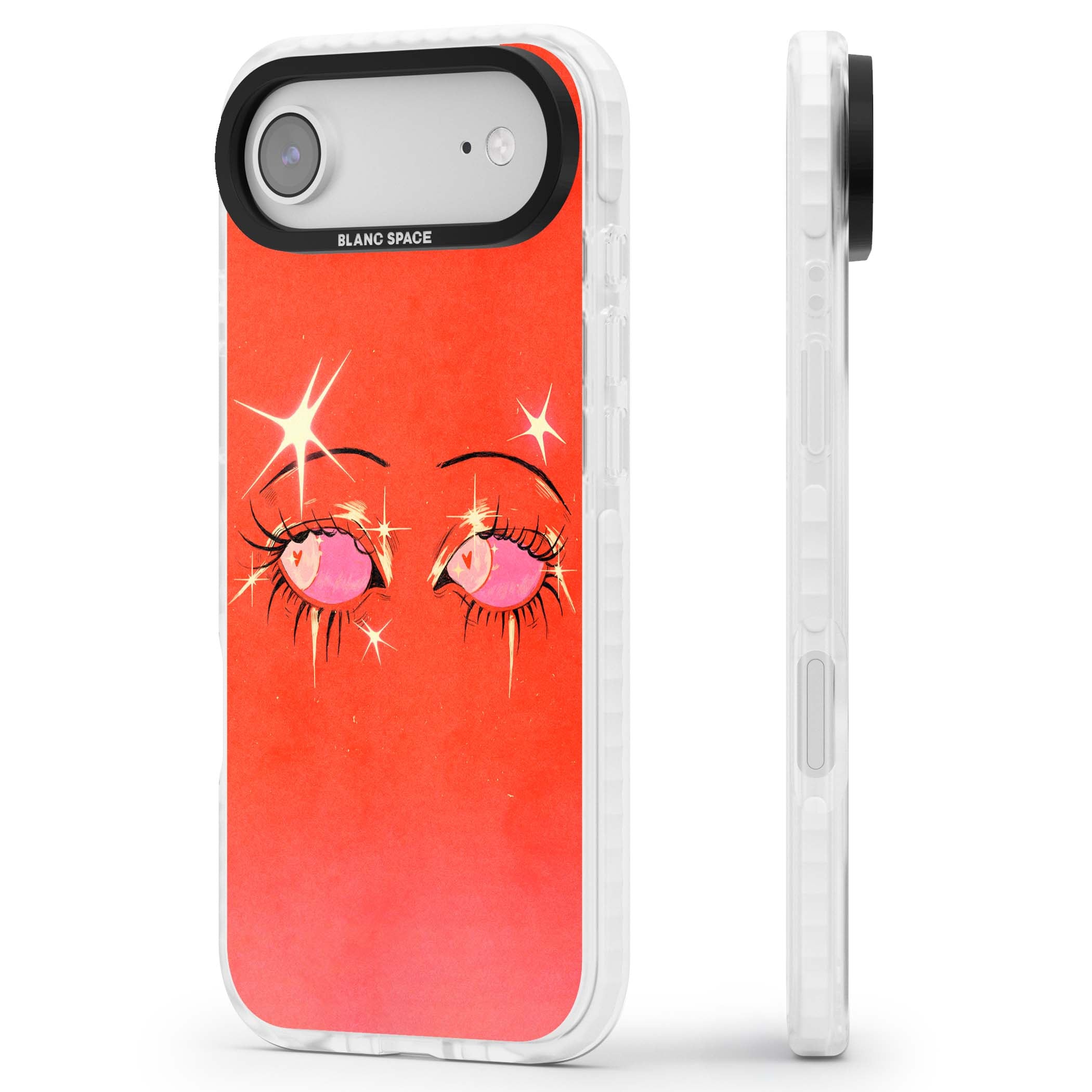 Pink Ethereal Eyes anime iPhone case featuring hand-drawn sparkly eyes with pink hearts and gold stars on red | Black Impact case for iPhone Air