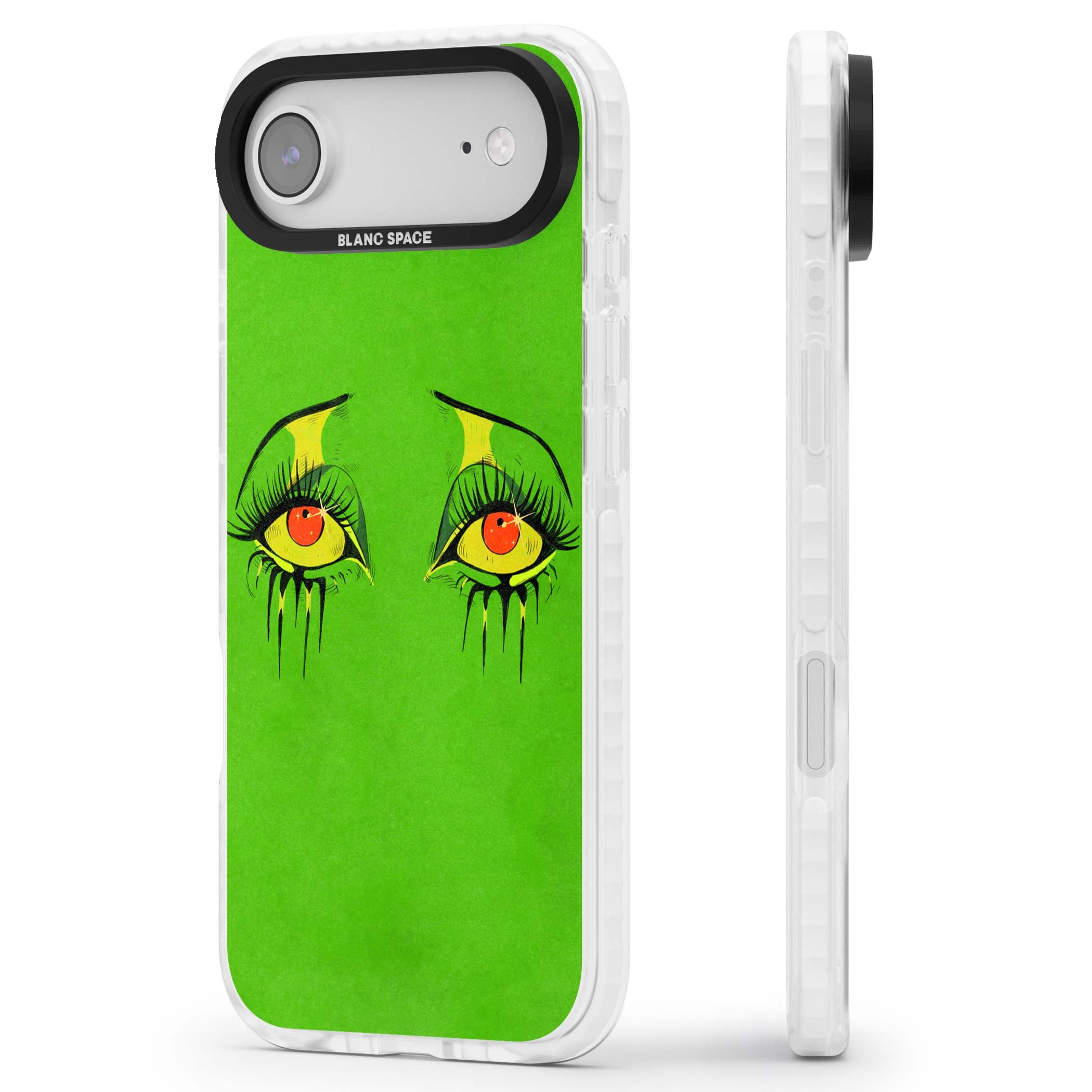 Green Enchanted Eyes psychedelic art iPhone case featuring hand-drawn dripping eyes on neon green background | Black Impact case for iPhone Air