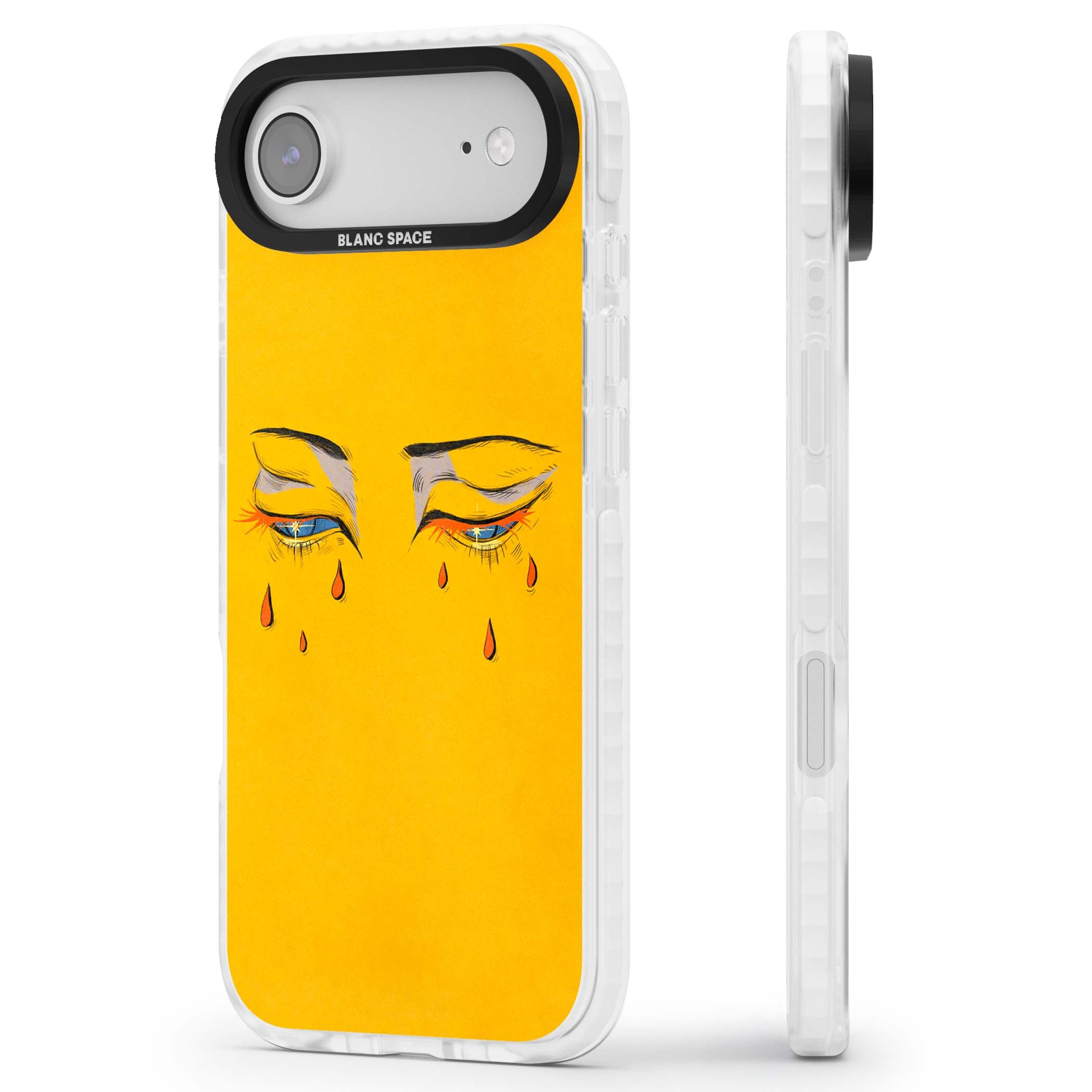 Yellow Tearful Eyes indie iPhone case featuring hand-drawn crying eyes with orange tears on a yellow background | Black Impact case for iPhone Air