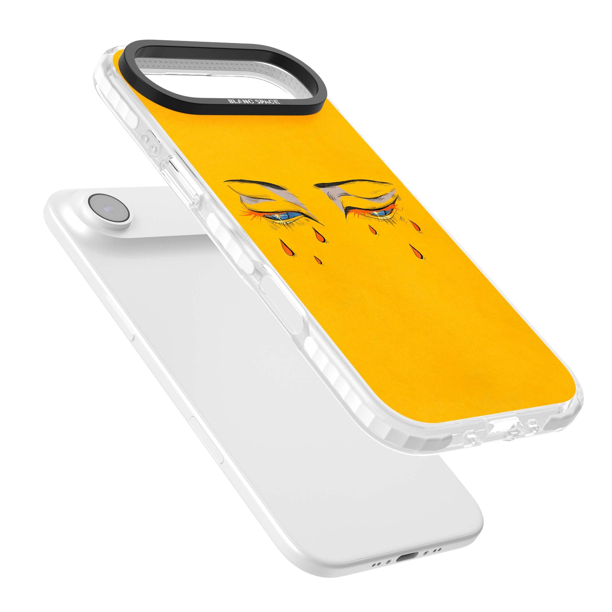 Yellow Tearful Eyes indie iPhone case featuring hand-drawn crying eyes with orange tears on a yellow background | Black Impact case for iPhone Air