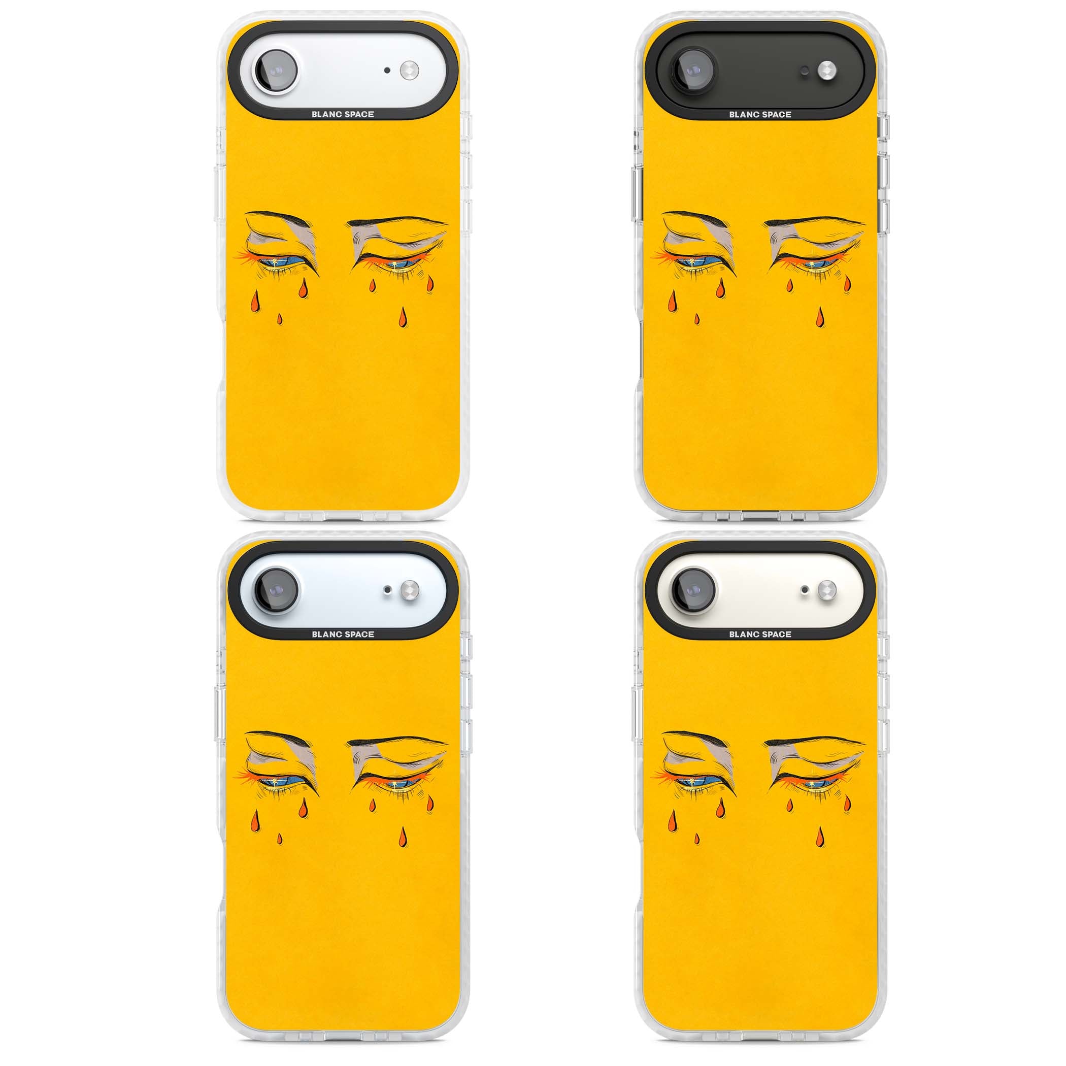 Yellow Tearful Eyes indie iPhone case featuring hand-drawn crying eyes with orange tears on a yellow background | Black Impact case for iPhone Air