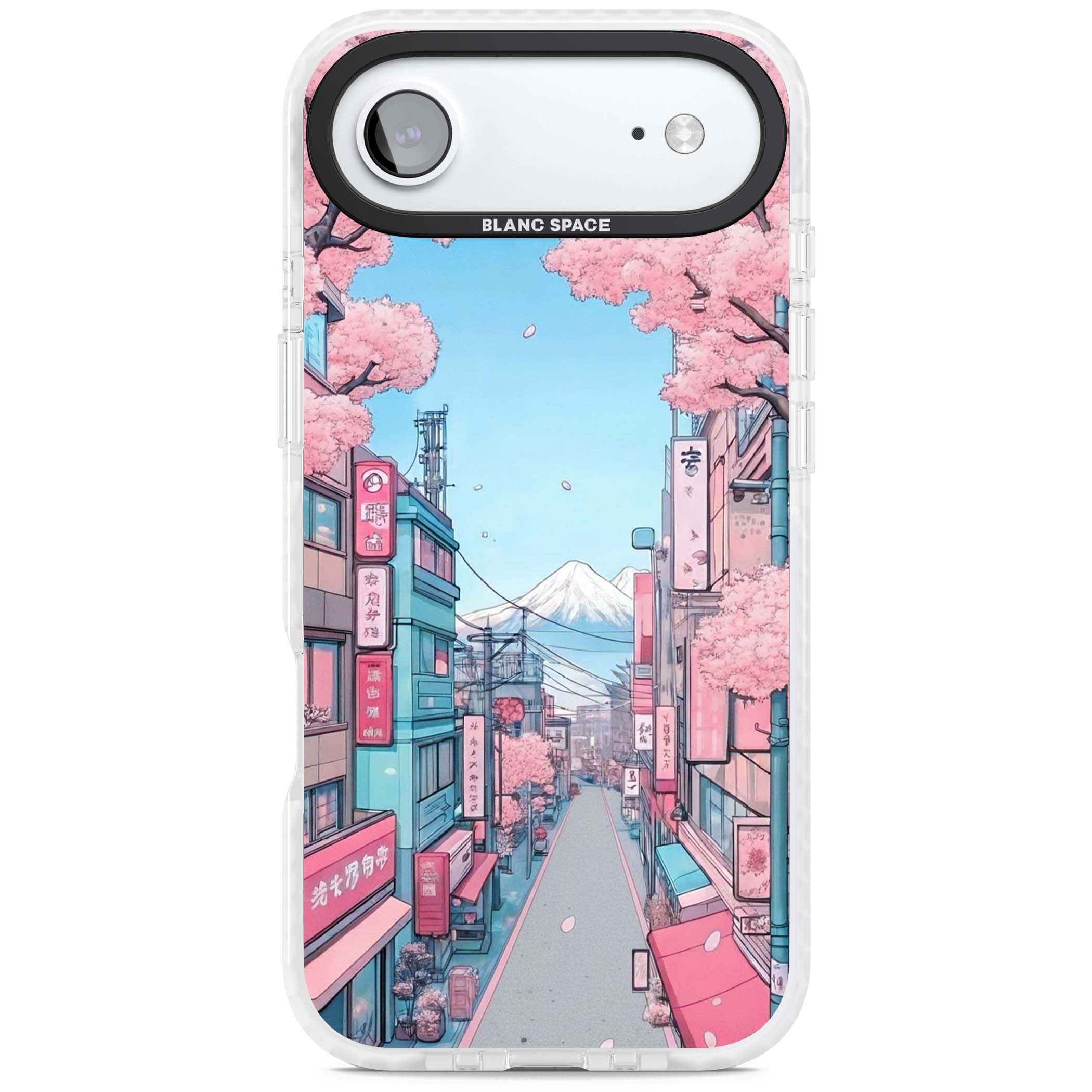 Sakura Lane anime iPhone case featuring Tokyo street scene with cherry blossoms and Mount Fuji | Black Impact case for iPhone Air