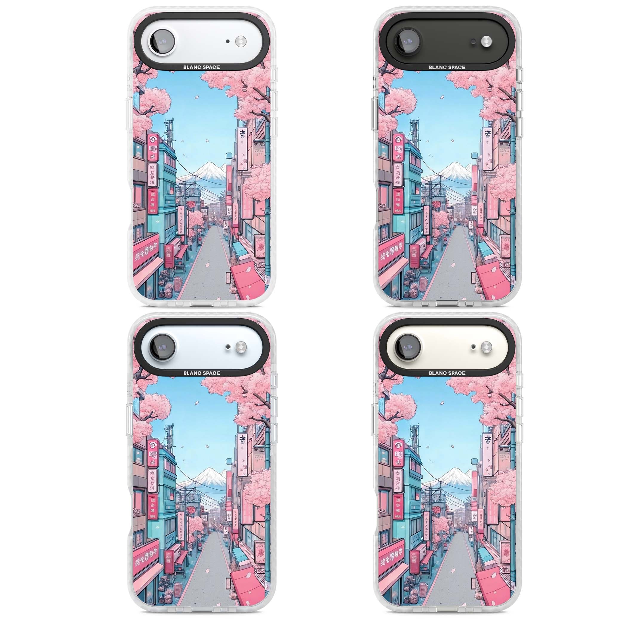 Sakura Lane anime iPhone case featuring Tokyo street scene with cherry blossoms and Mount Fuji | Black Impact case for iPhone Air