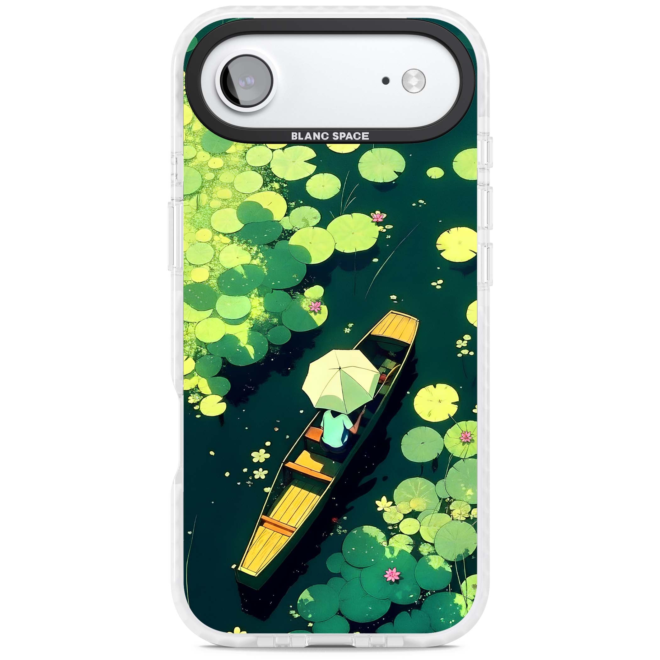 Jade Waters cottagecore iPhone case featuring a painted lily pond, wooden boat with parasol and floating water lilies | Black Impact case for iPhone Air