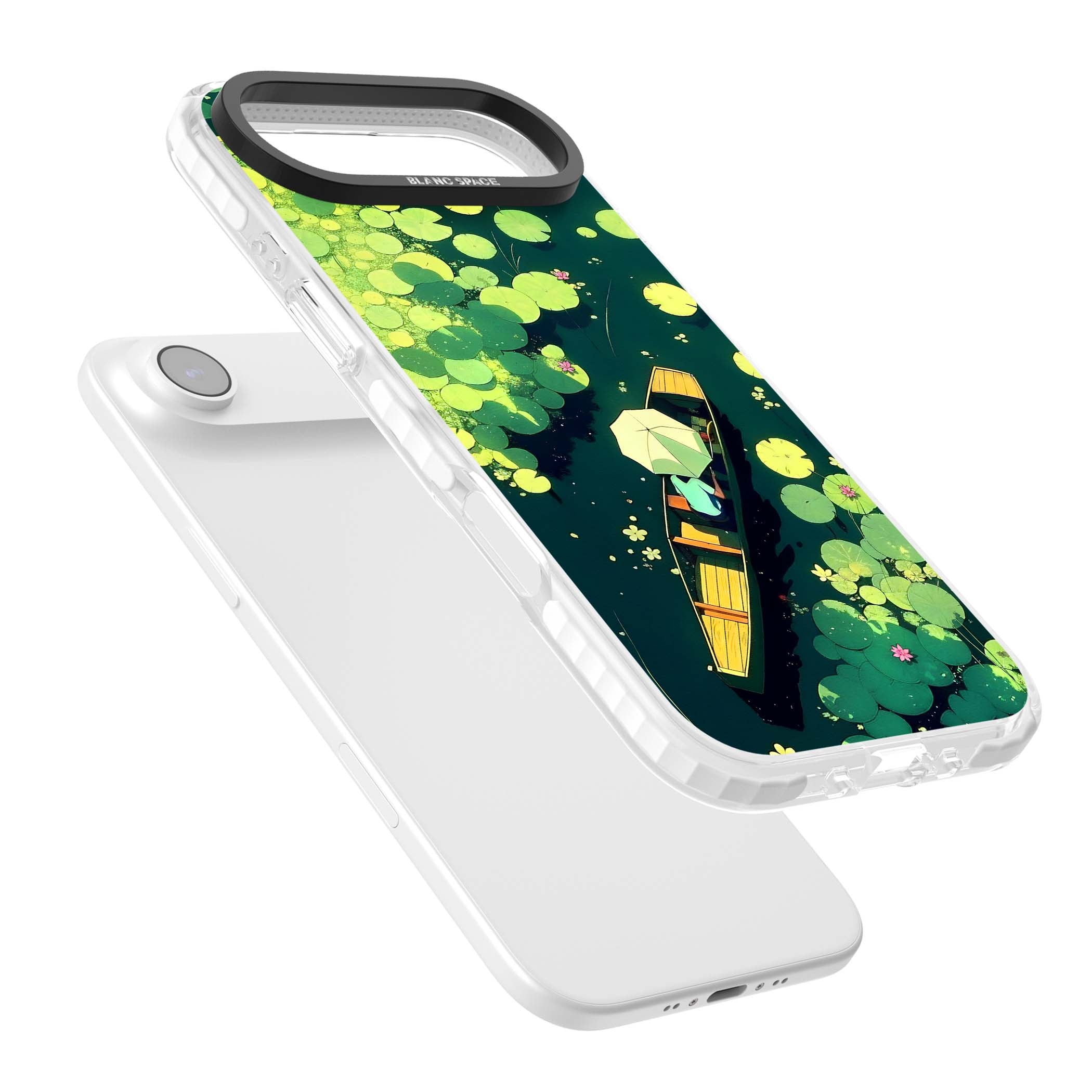 Jade Waters cottagecore iPhone case featuring a painted lily pond, wooden boat with parasol and floating water lilies | Black Impact case for iPhone Air