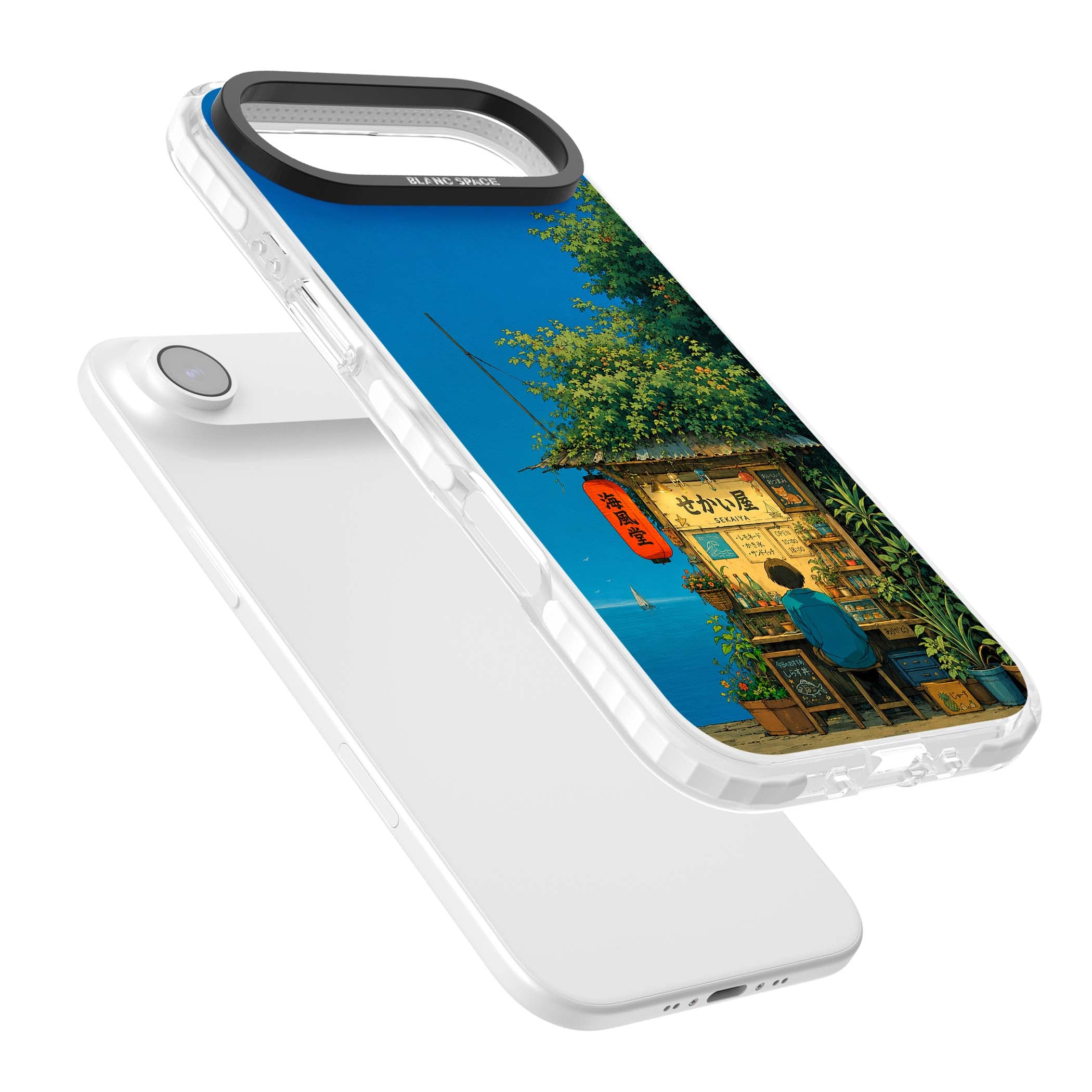 The Shirahama Kiosk anime iPhone case featuring a Japanese seaside shop, red paper lantern and ocean view | Black Impact case for iPhone Air