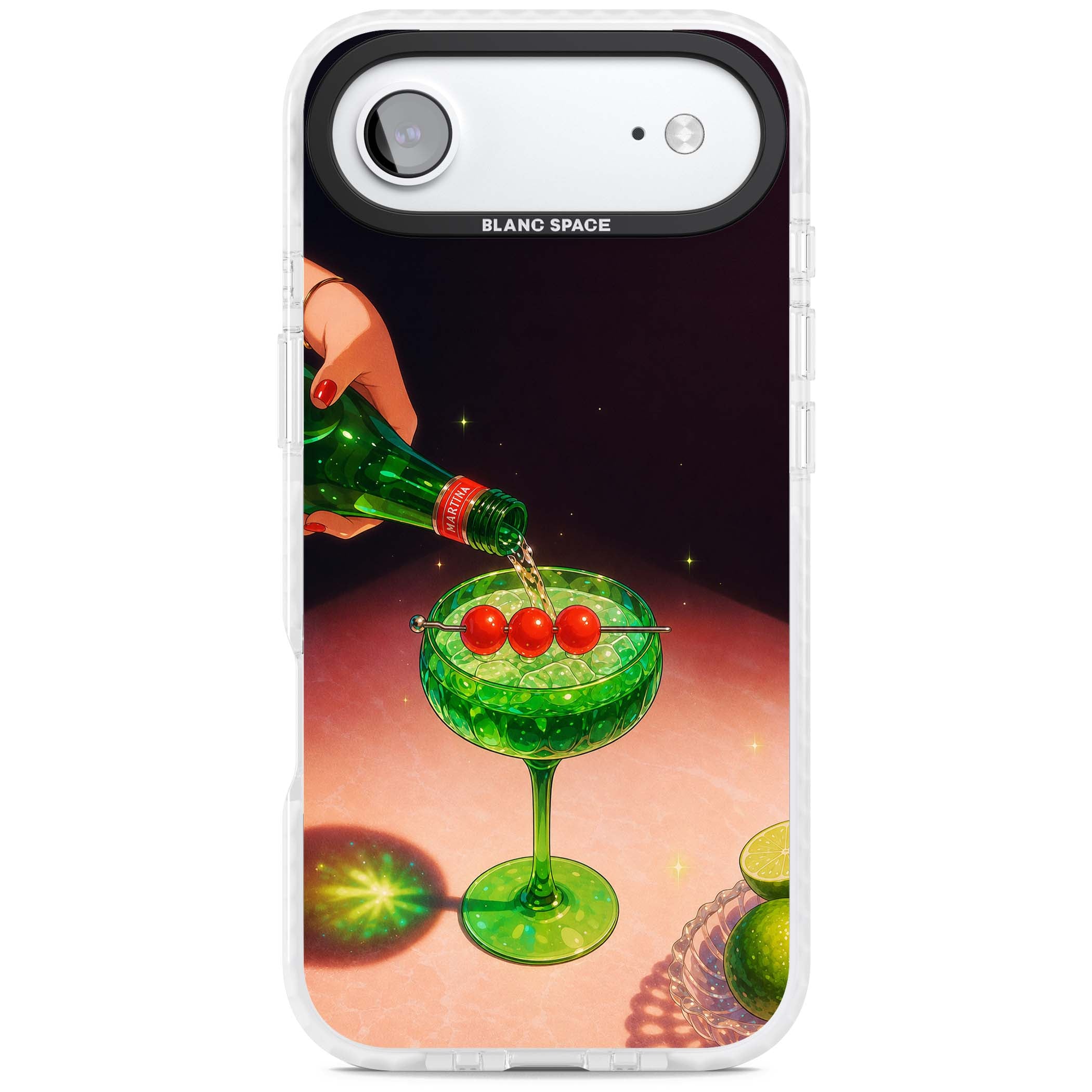 Absinthe Hour cocktail iPhone case featuring a green coupe glass, cherry garnish and vintage bottle pour illustration | Black Impact case for iPhone Air
