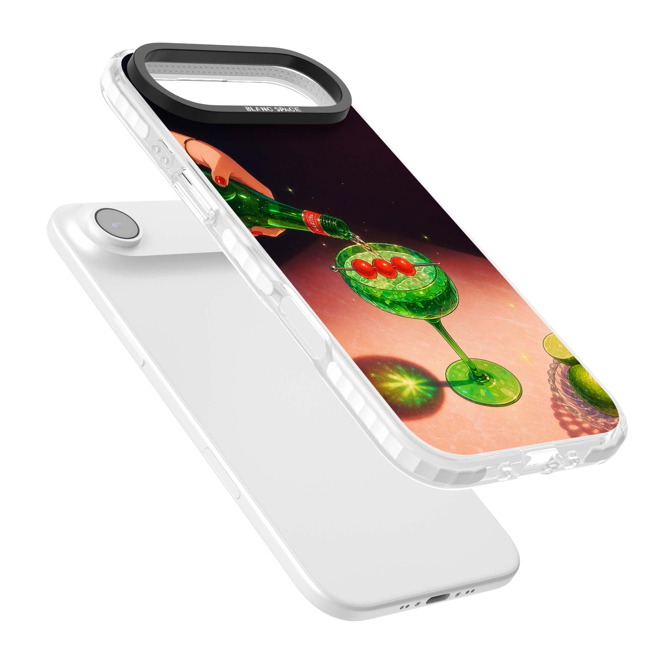 Absinthe Hour cocktail iPhone case featuring a green coupe glass, cherry garnish and vintage bottle pour illustration | Black Impact case for iPhone Air