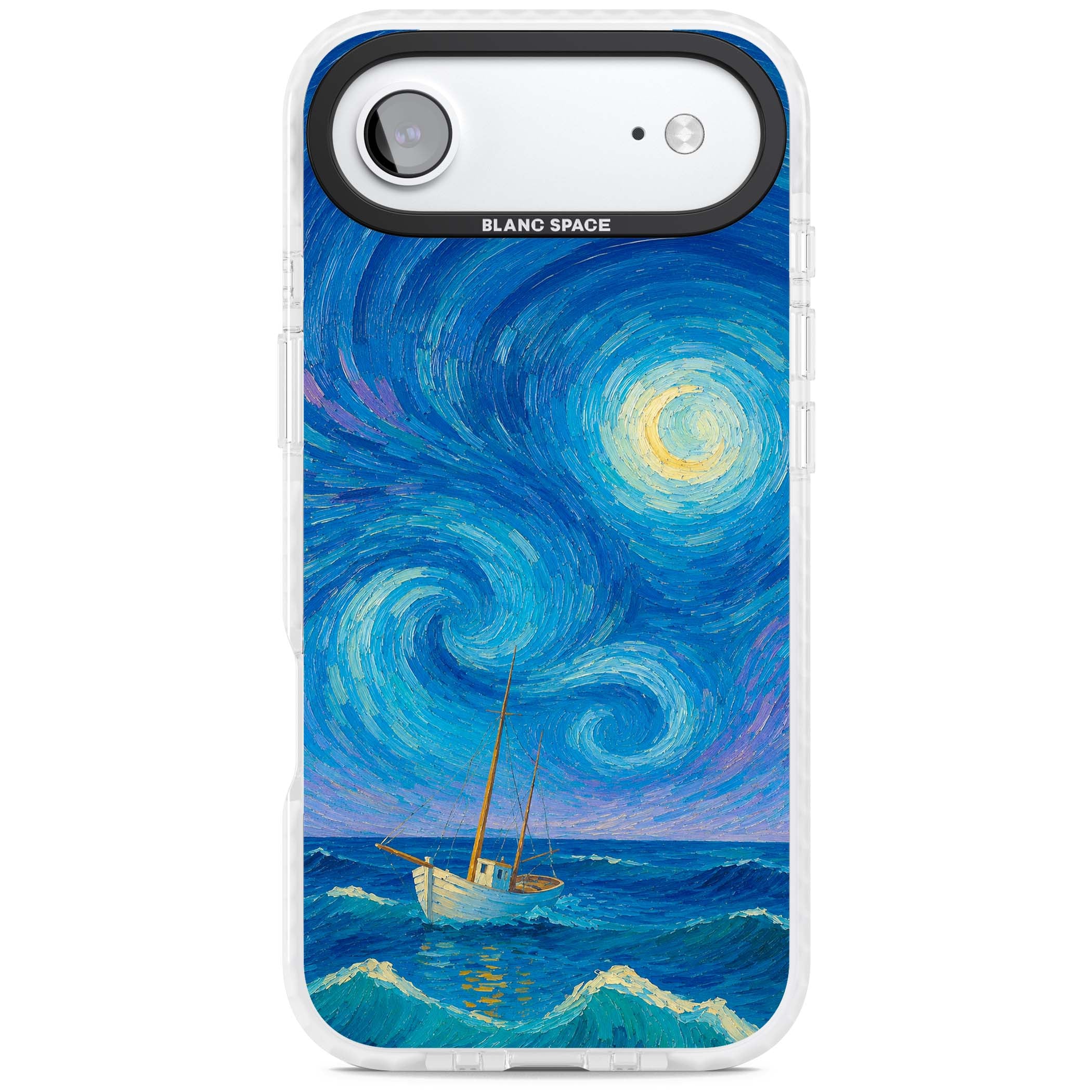 Moonlit Tide Van Gogh art iPhone case featuring swirling starry night sky, glowing moon and lone sailing boat at sea | Black Impact case for iPhone Air