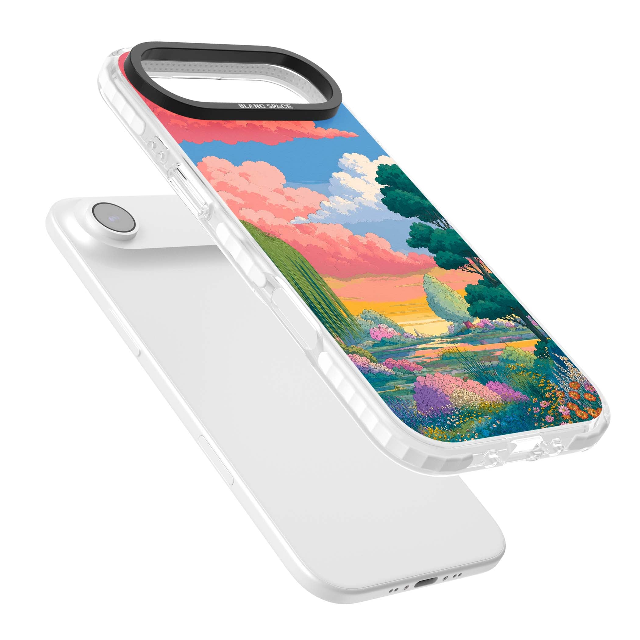 Dream Valley anime landscape iPhone case featuring pink sunset clouds, willow trees and wildflowers | Black Impact case for iPhone Air
