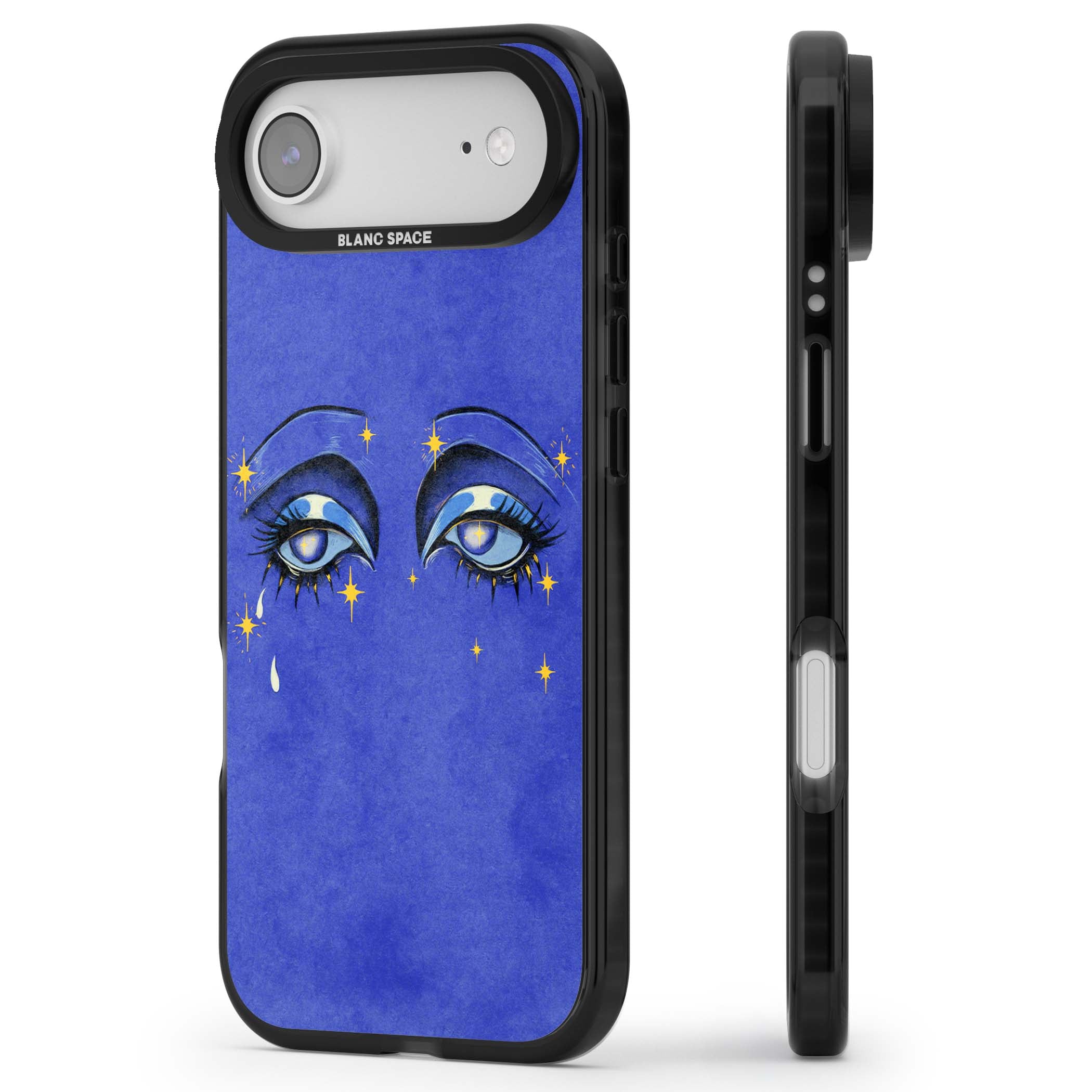 Blue Mystic Eyes celestial iPhone case featuring hand drawn blue mystical eyes, golden stars and a painted tear on indigo | Clear Impact case for iPhone Air