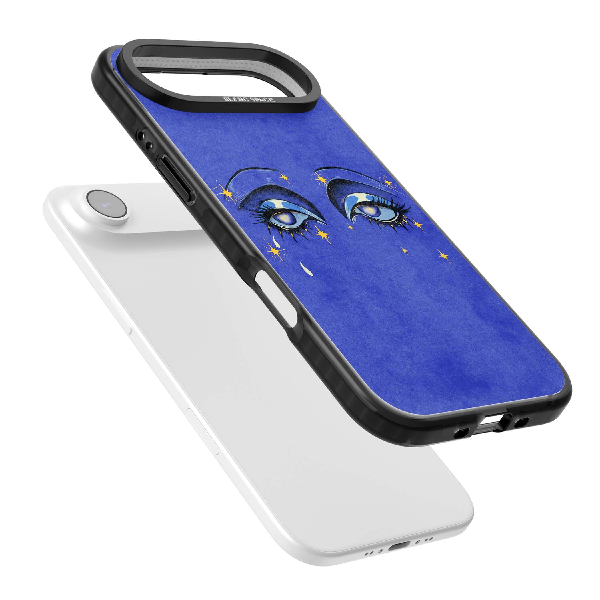 Blue Mystic Eyes celestial iPhone case featuring hand drawn blue mystical eyes, golden stars and a painted tear on indigo | Clear Impact case for iPhone Air