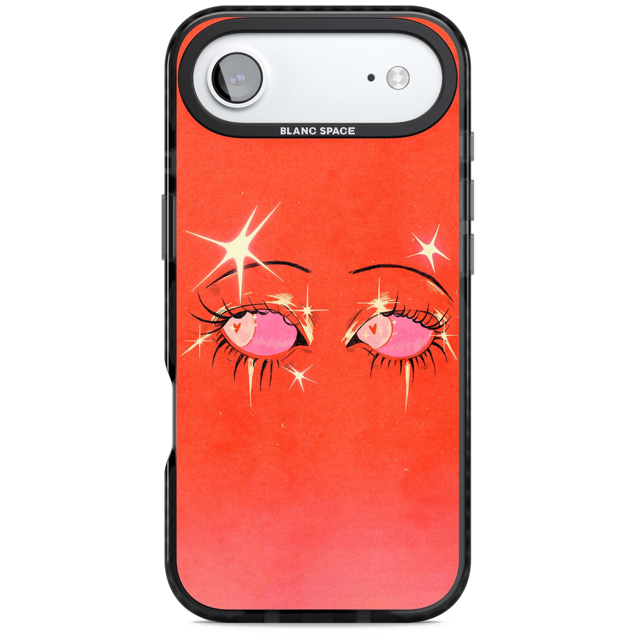 Pink Ethereal Eyes anime iPhone case featuring hand-drawn sparkly eyes with pink hearts and gold stars on red | Clear Impact case for iPhone Air