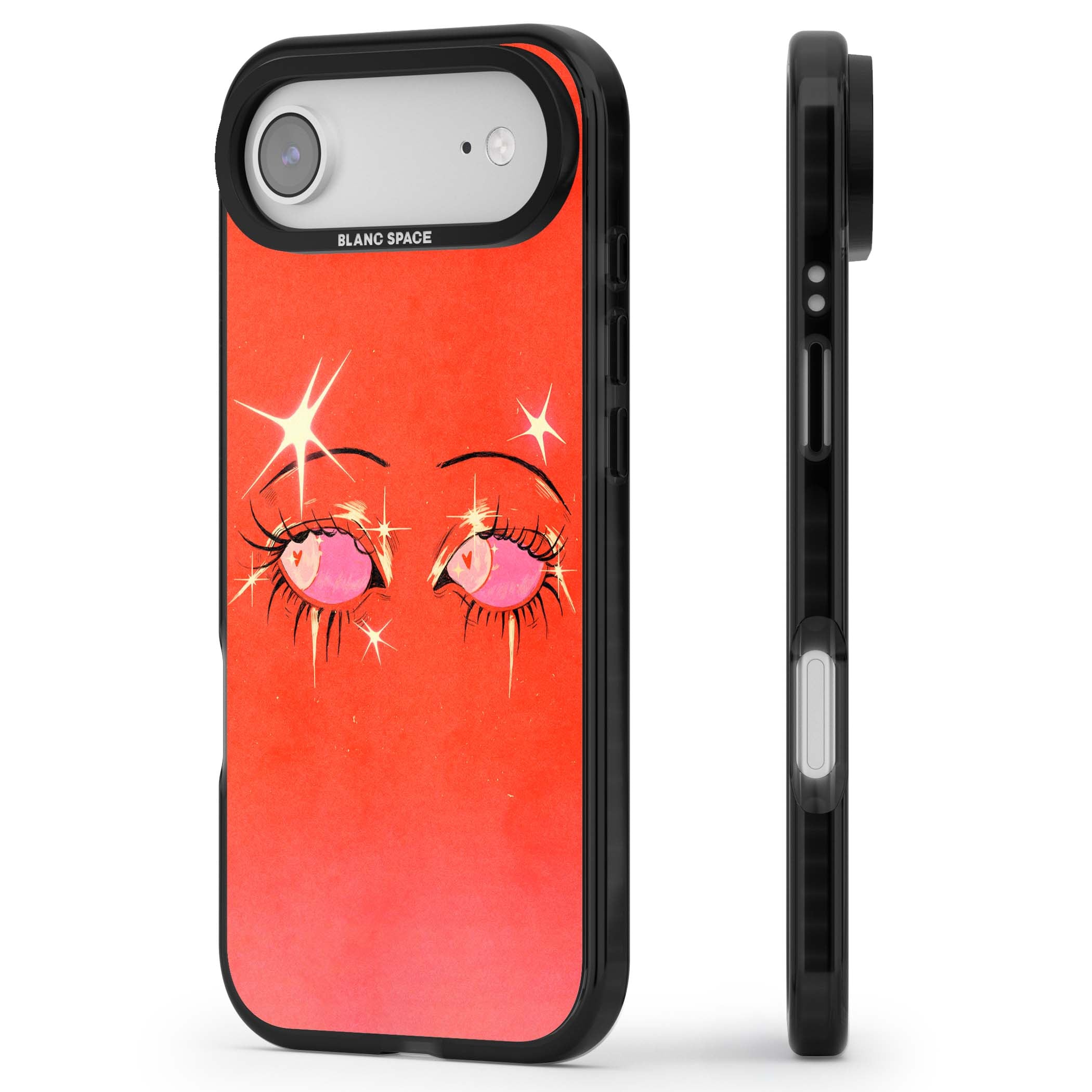 Pink Ethereal Eyes anime iPhone case featuring hand-drawn sparkly eyes with pink hearts and gold stars on red | Clear Impact case for iPhone Air