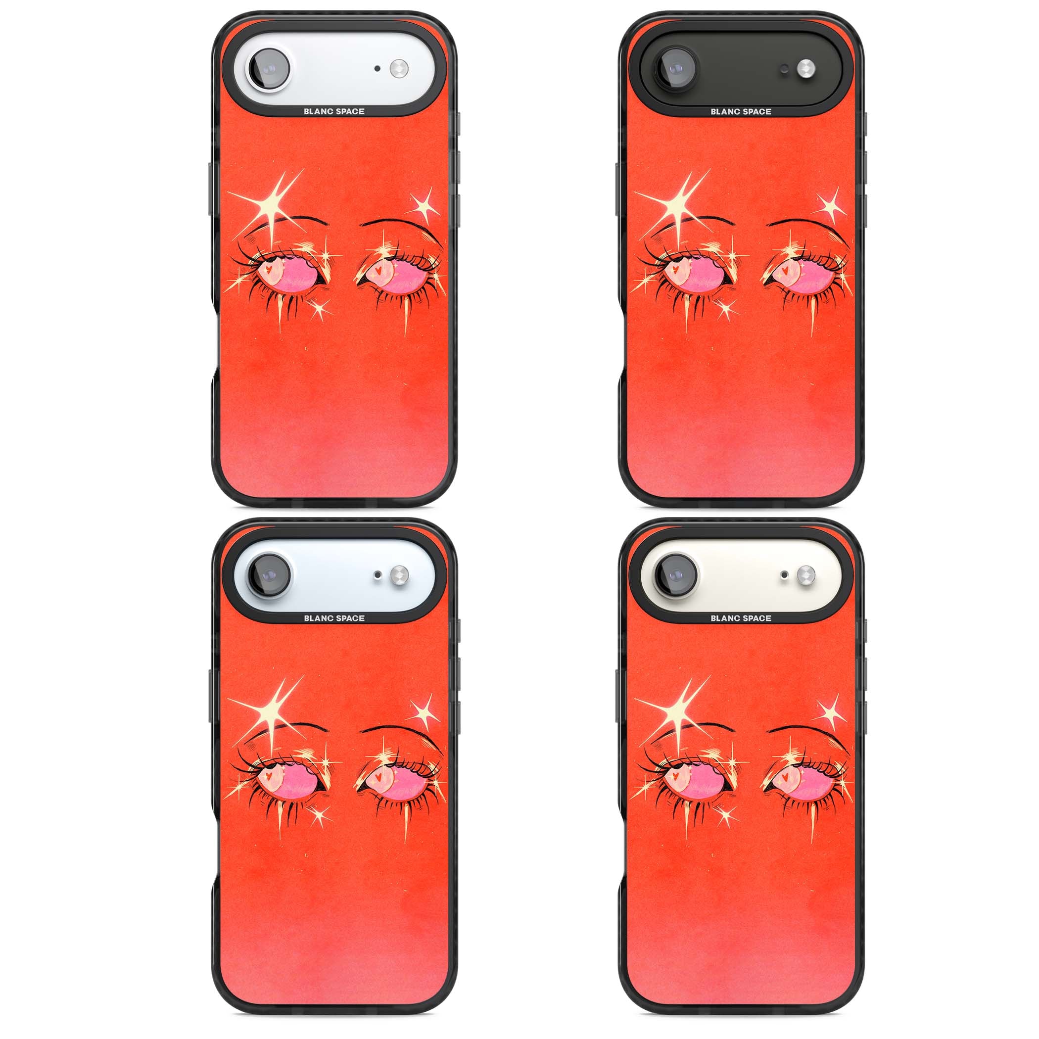 Pink Ethereal Eyes anime iPhone case featuring hand-drawn sparkly eyes with pink hearts and gold stars on red | Clear Impact case for iPhone Air