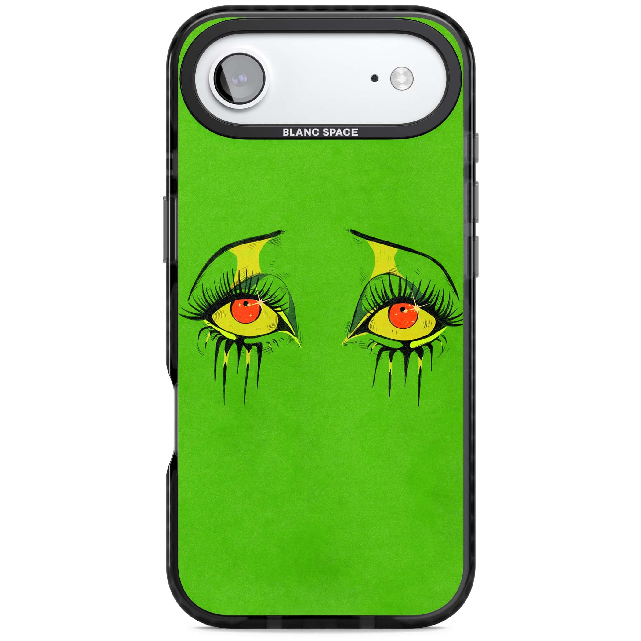 Green Enchanted Eyes psychedelic art iPhone case featuring hand-drawn dripping eyes on neon green background | Clear Impact case for iPhone Air