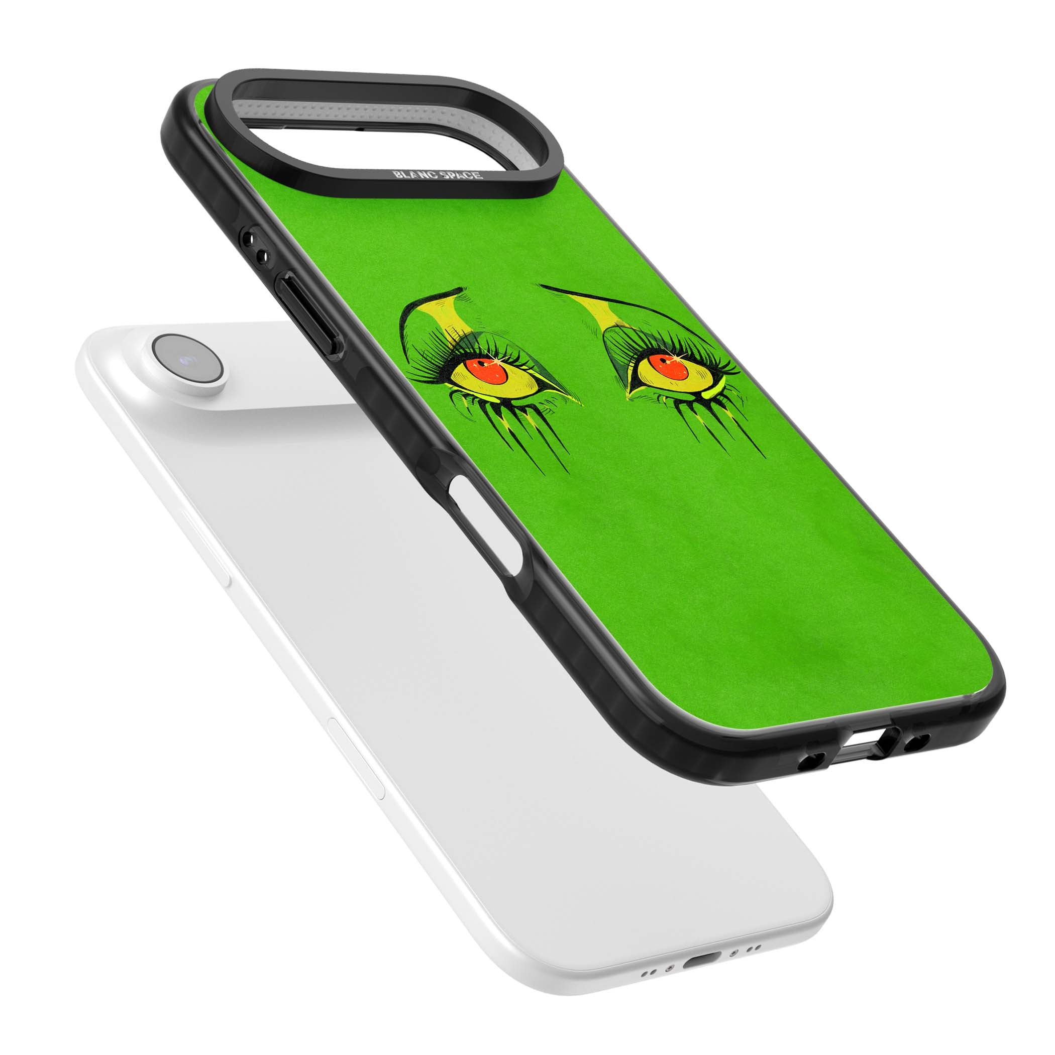Green Enchanted Eyes psychedelic art iPhone case featuring hand-drawn dripping eyes on neon green background | Clear Impact case for iPhone Air