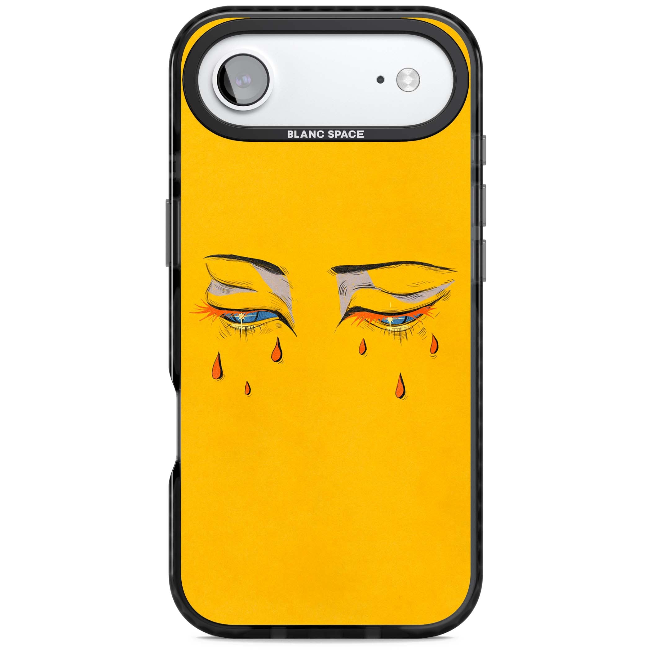 Yellow Tearful Eyes indie iPhone case featuring hand-drawn crying eyes with orange tears on a yellow background | Clear Impact case for iPhone Air