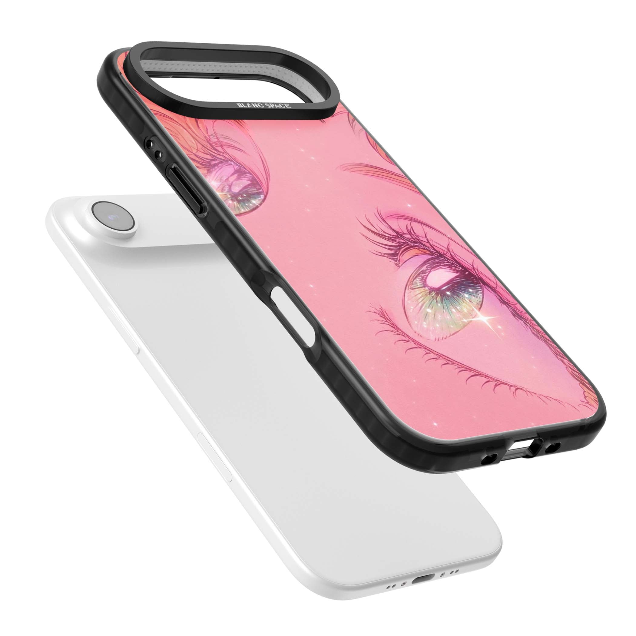 Pink Ethereal Gaze anime iPhone case featuring sparkling manga eyes, coral lashes and dreamy peach sky | Clear Impact case for iPhone Air