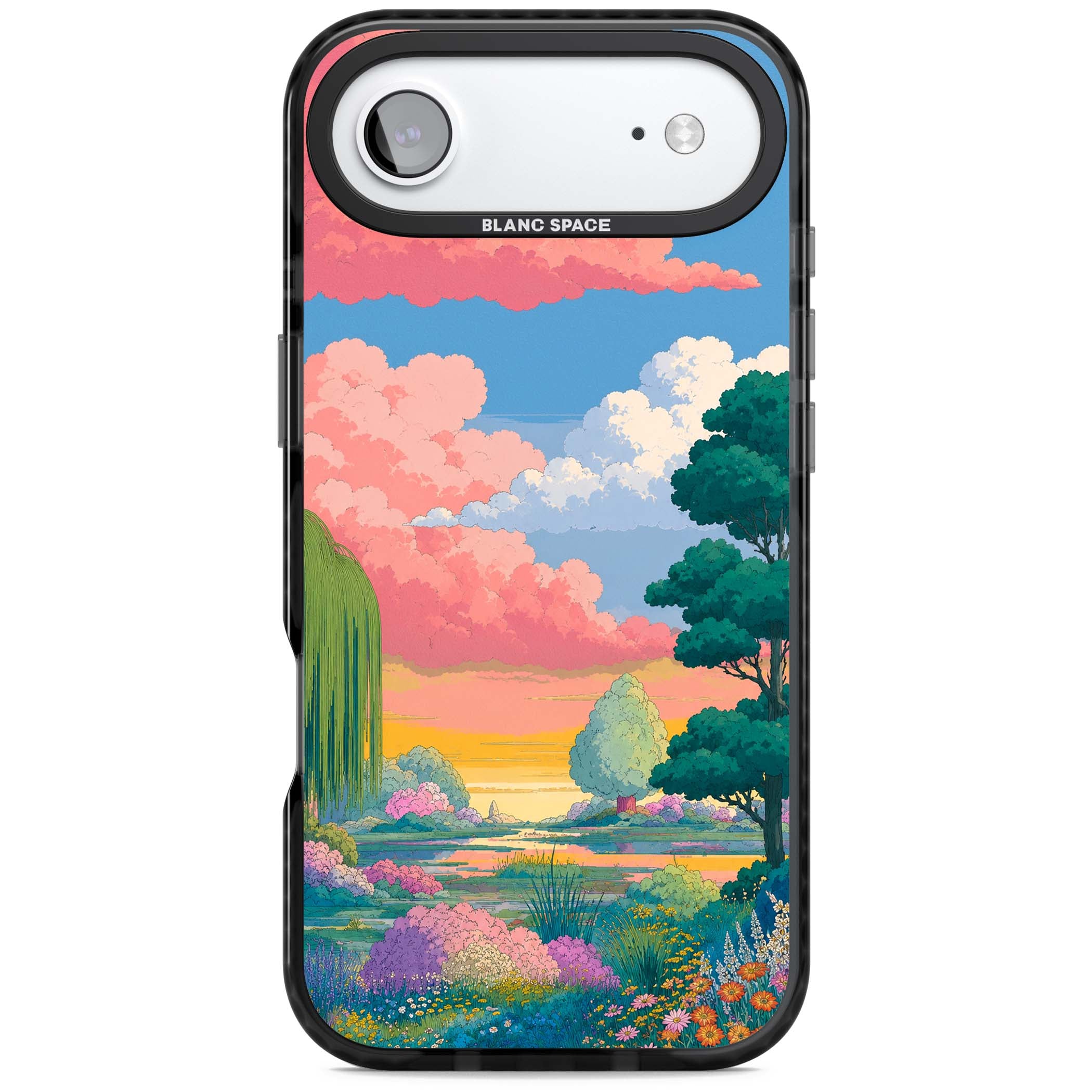 Dream Valley anime landscape iPhone case featuring pink sunset clouds, willow trees and wildflowers | Clear Impact case for iPhone Air