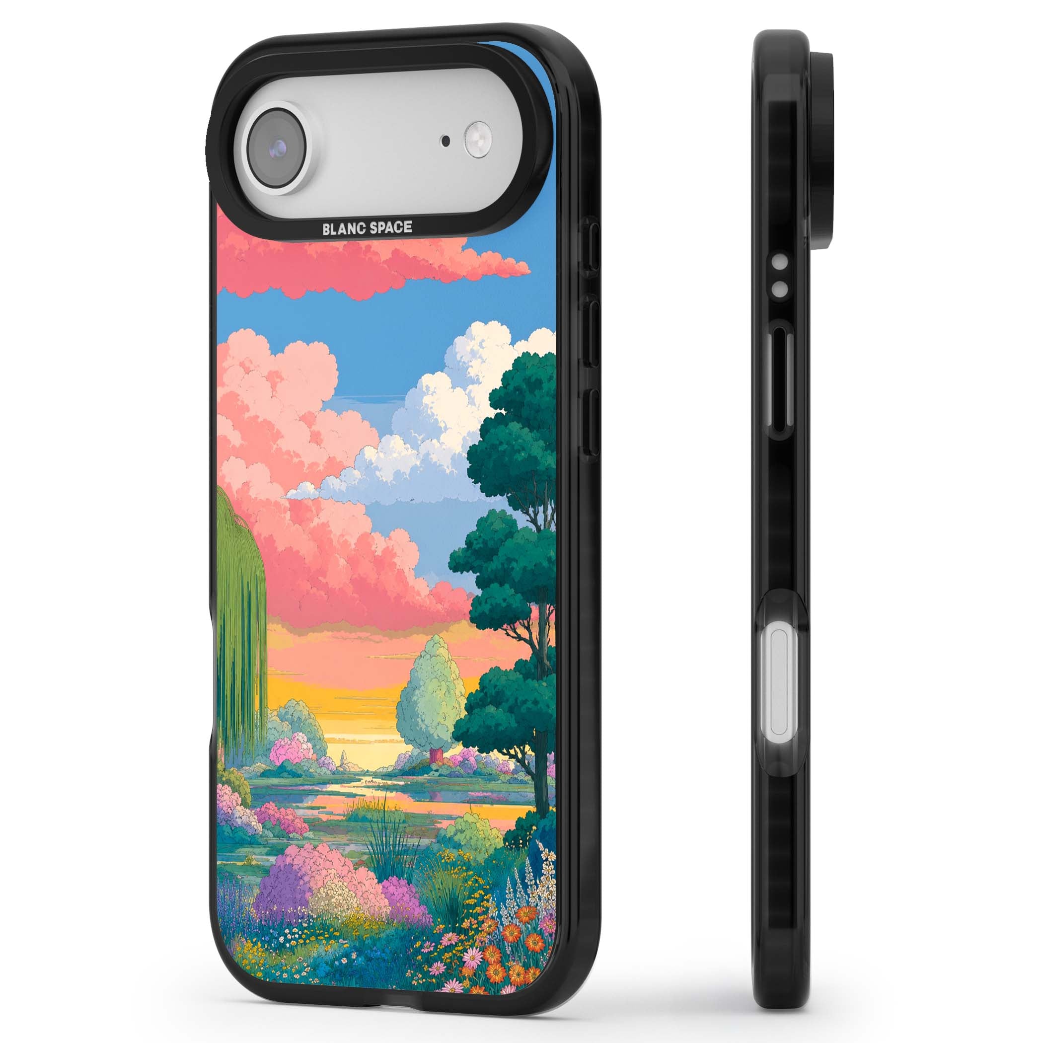 Dream Valley anime landscape iPhone case featuring pink sunset clouds, willow trees and wildflowers | Clear Impact case for iPhone Air